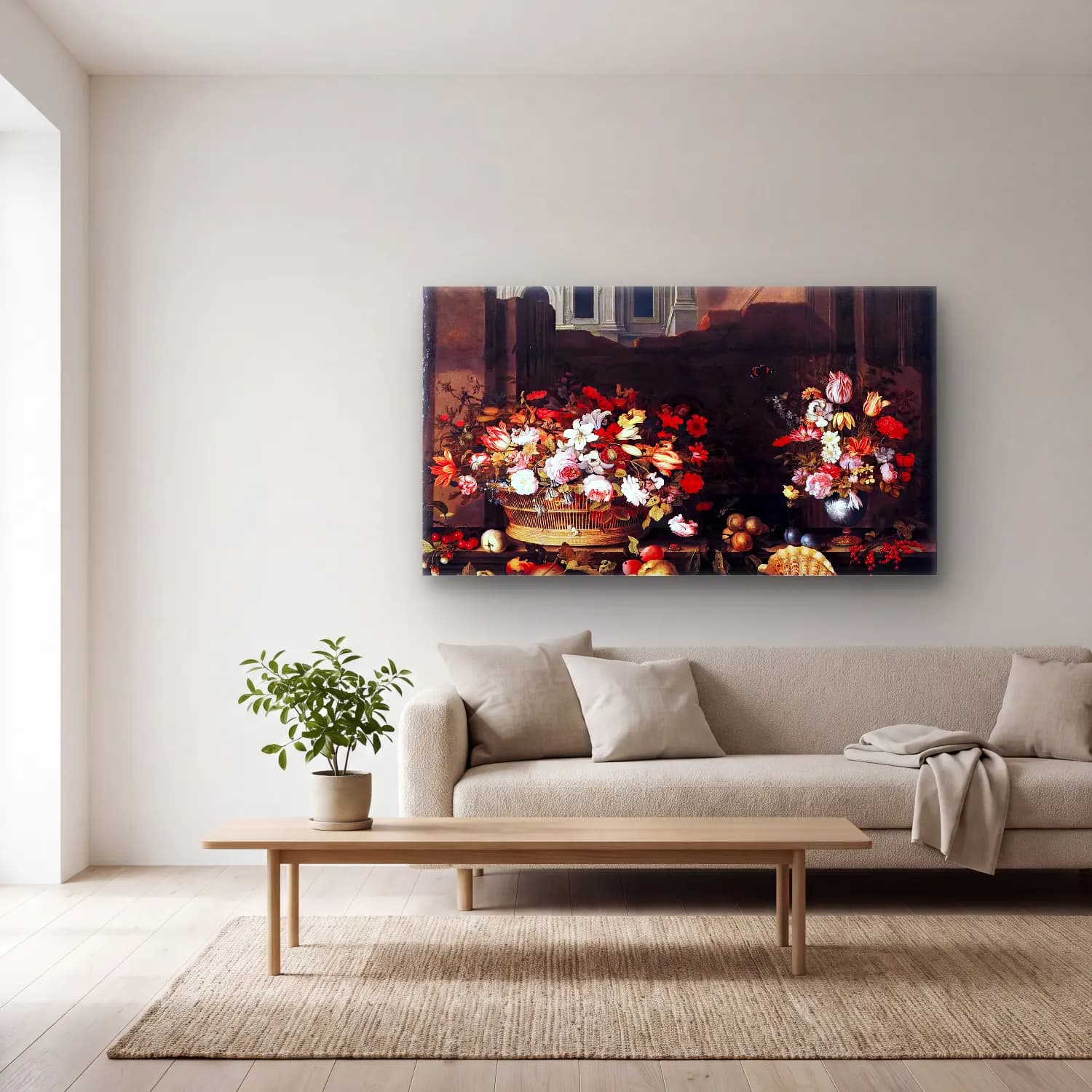 Balthasar van der Ast – Still-Life with Flowers, Fruit, and Shells cam tablo — açık renk salonda