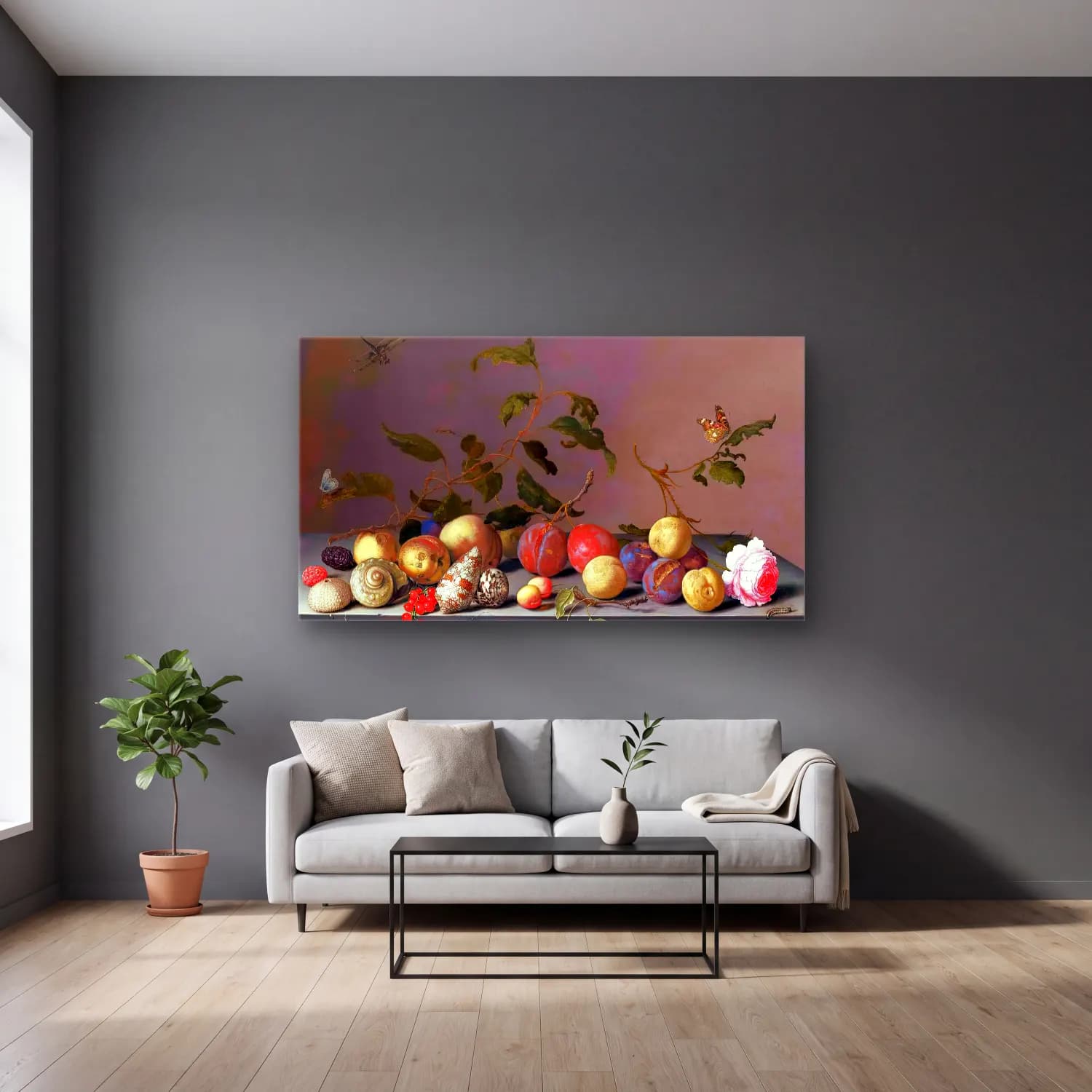 Balthasar van der Ast – Still-Life cam tablo — gri duvarlı salonda