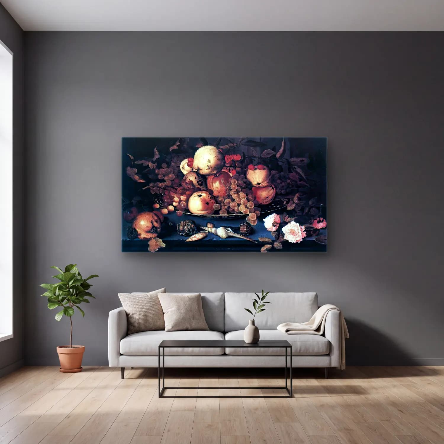 Balthasar van der Ast – Still-life with Dish of Fruit cam tablo — gri duvarlı salonda