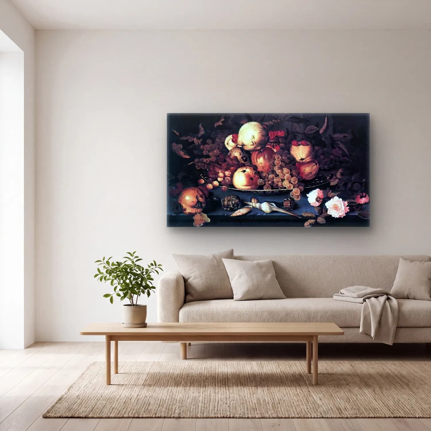 Balthasar van der Ast – Still-life with Dish of Fruit cam tablo — açık renk salonda