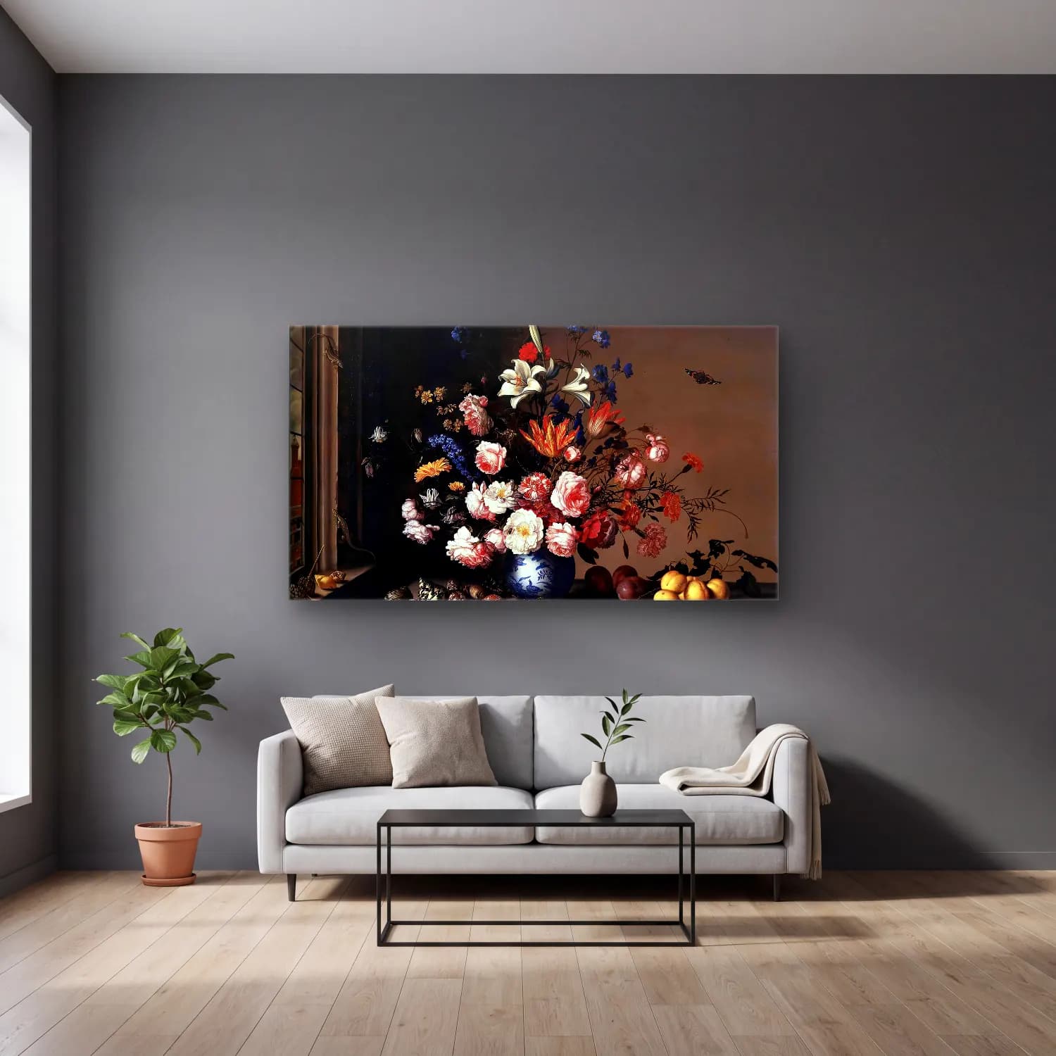 Balthasar van der Ast – Vase of Flowers by a Window cam tablo — gri duvarlı salonda