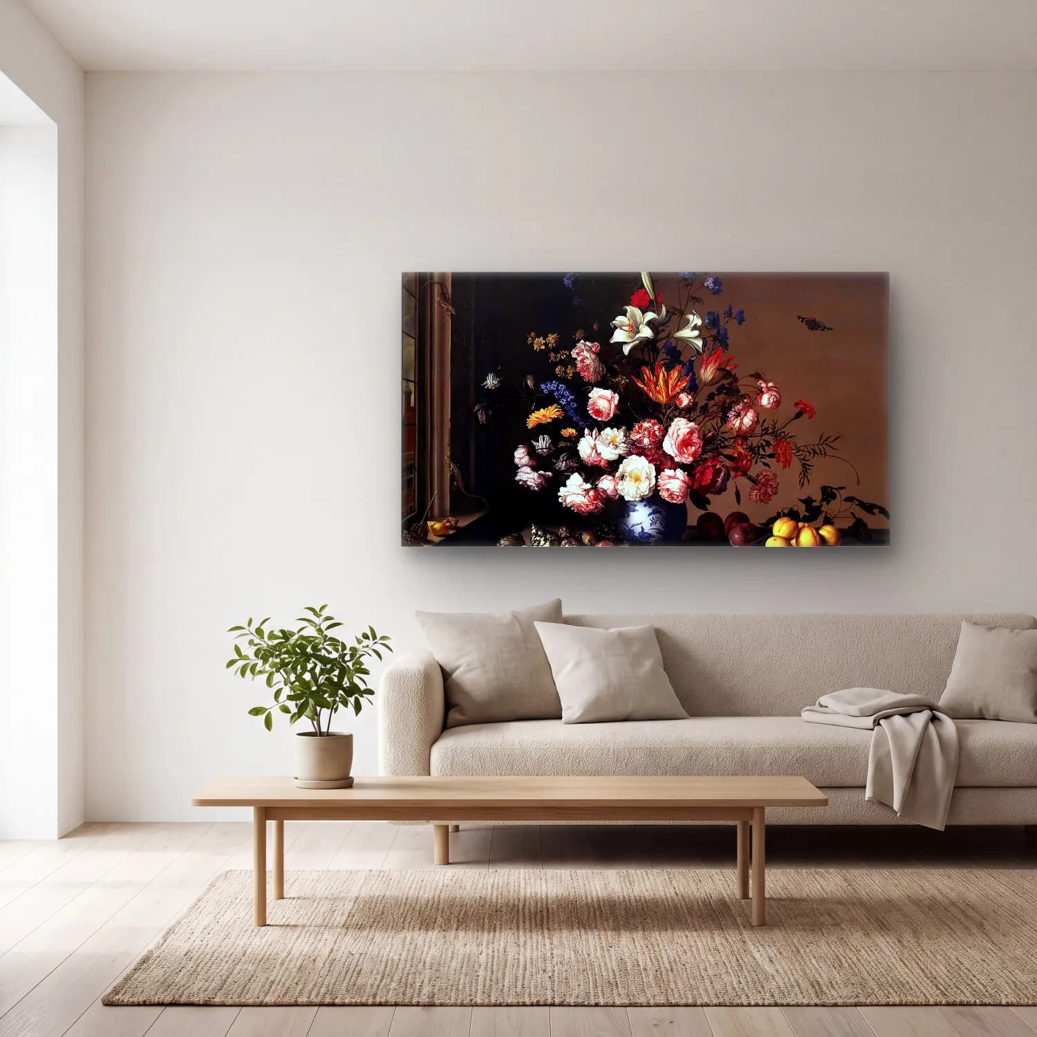 Balthasar van der Ast – Vase of Flowers by a Window cam tablo — açık renk salonda