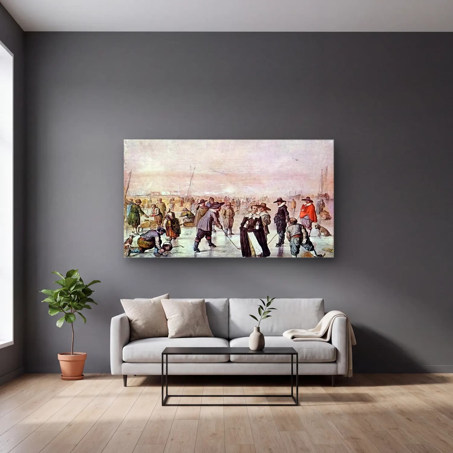 Hendrick Avercamp – A Scene on the Ice – Siyah Beyaz Tonlar cam tablo — gri duvarlı salonda