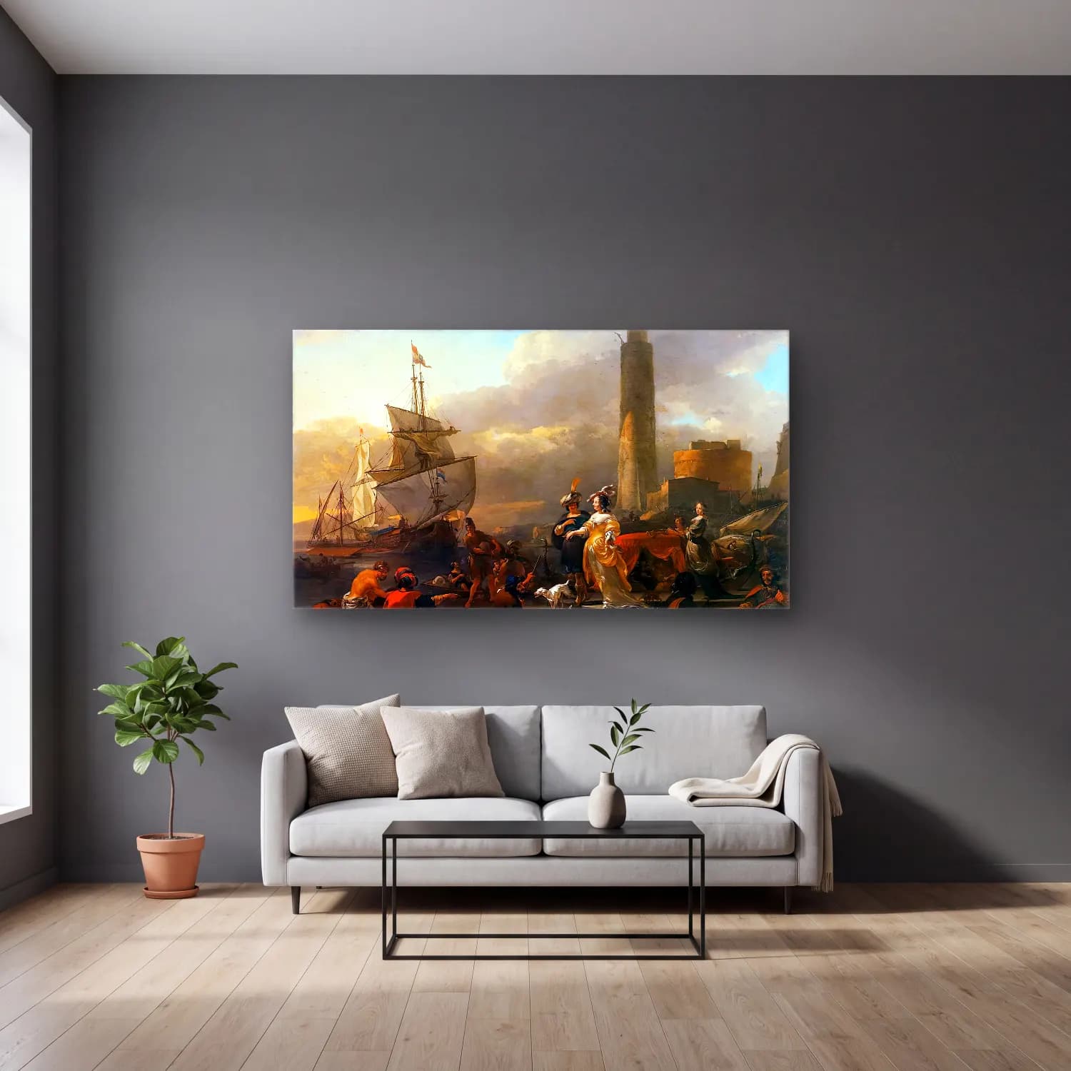 Nicolaes Berchem – A Harbour Scene cam tablo — gri duvarlı salonda