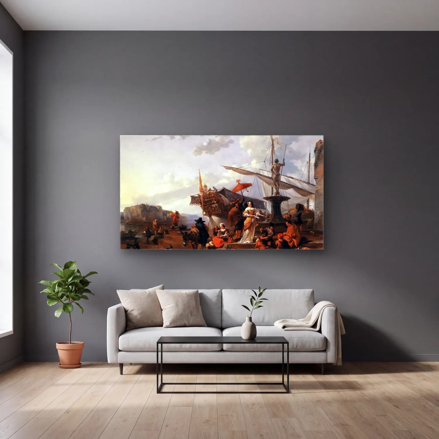 Nicolaes Berchem – A Southern Harbour Scene cam tablo — gri duvarlı salonda