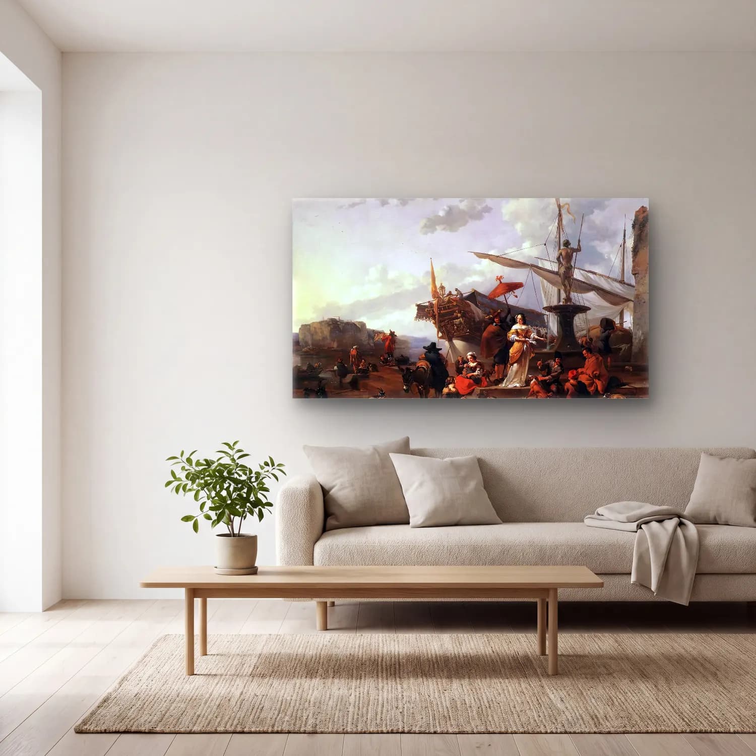 Nicolaes Berchem – A Southern Harbour Scene cam tablo — açık renk salonda