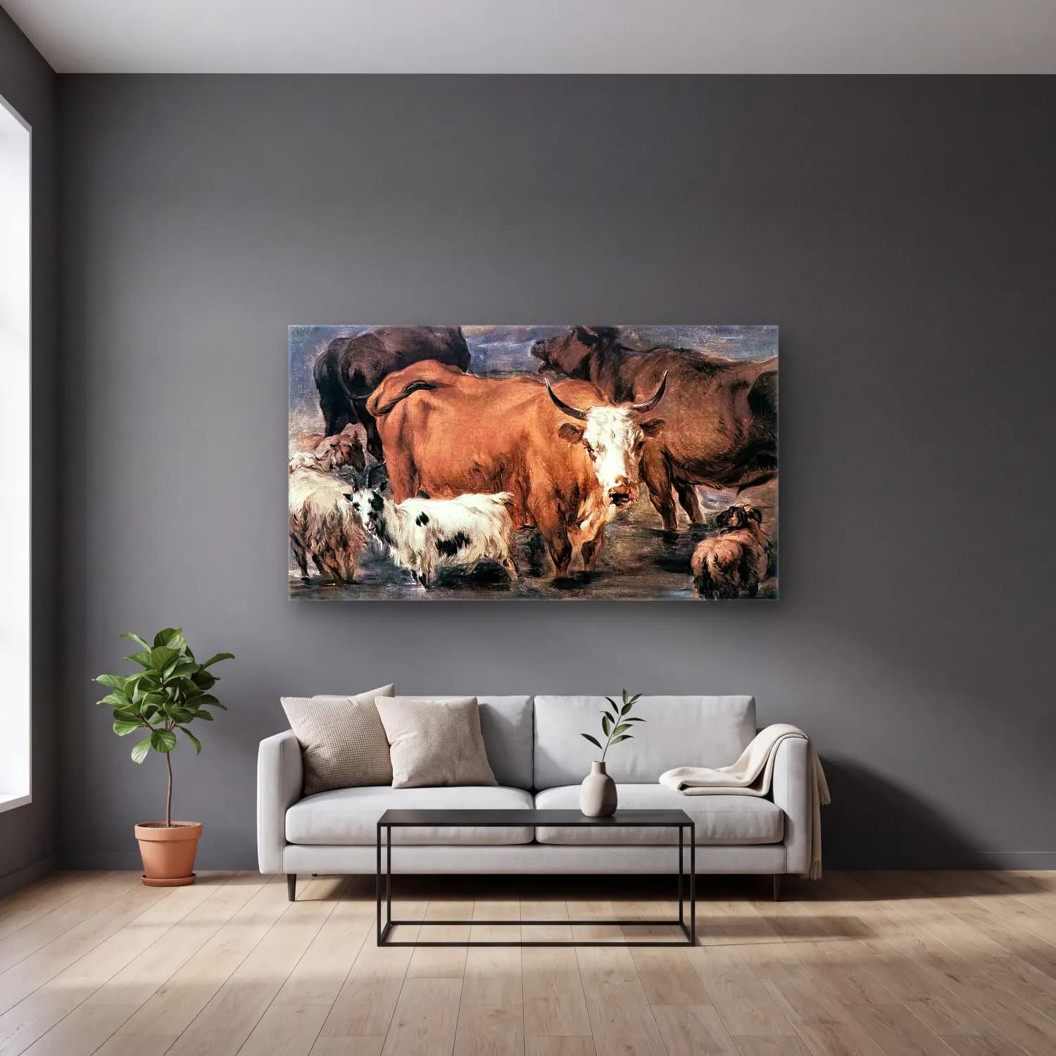 Nicolaes Berchem – Animal Study cam tablo — gri duvarlı salonda