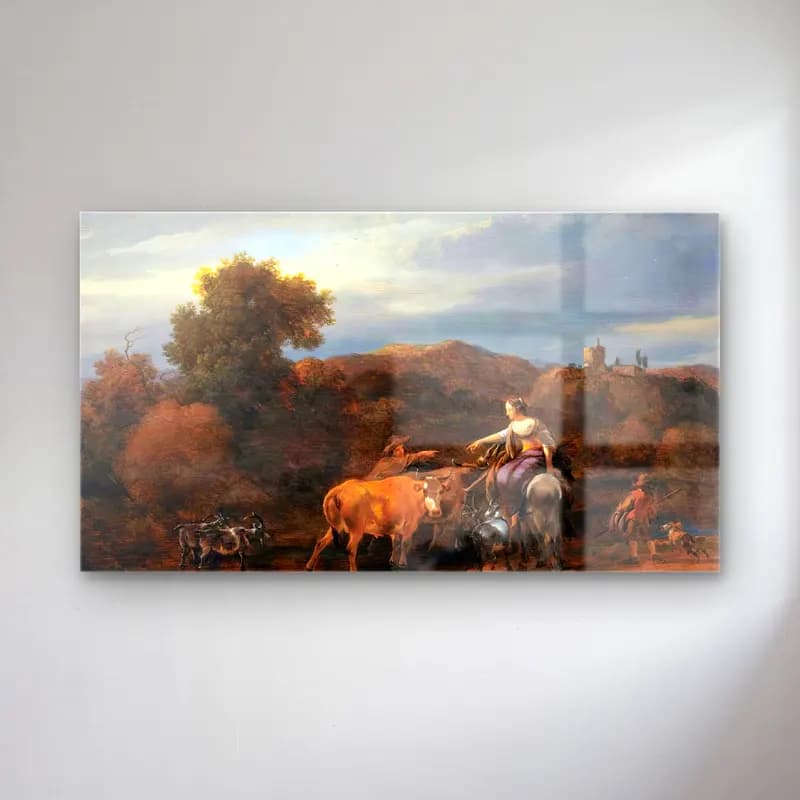 Nicolaes Berchem – Evening Landscape with Drovers and their Animals cam tablo — Nicolaes Berchem – Evening Landscape with Drovers and their Animals — yağlı boya mitolojik sahne