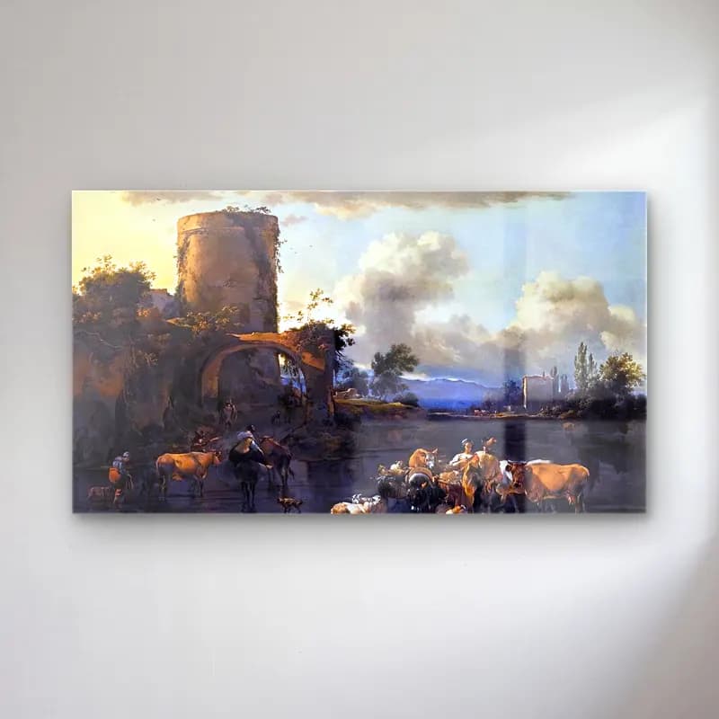 Nicolaes Berchem – Evening Landscape cam tablo — Nicolaes Berchem – Evening Landscape — yağlı boya antik kalıntılar