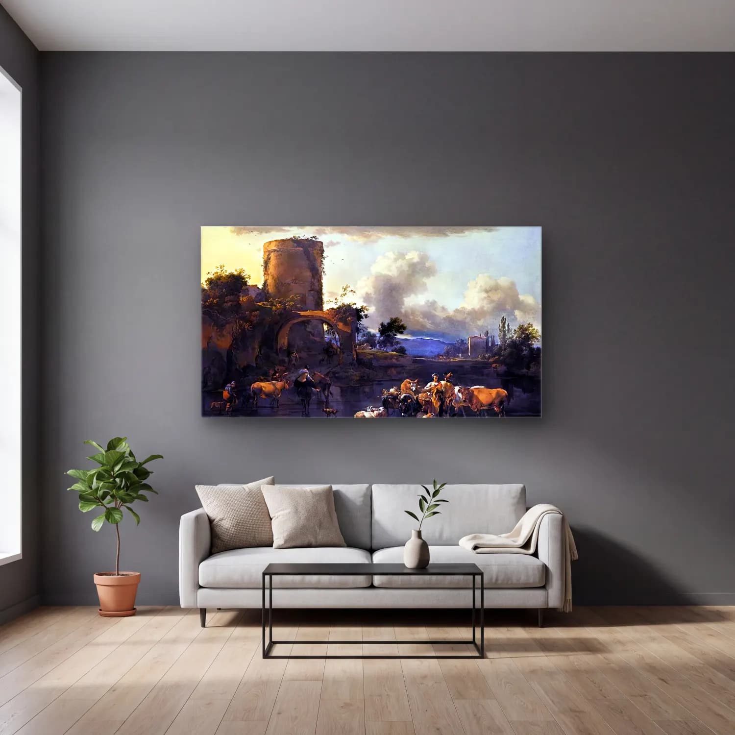 Nicolaes Berchem – Evening Landscape cam tablo — gri duvarlı salonda