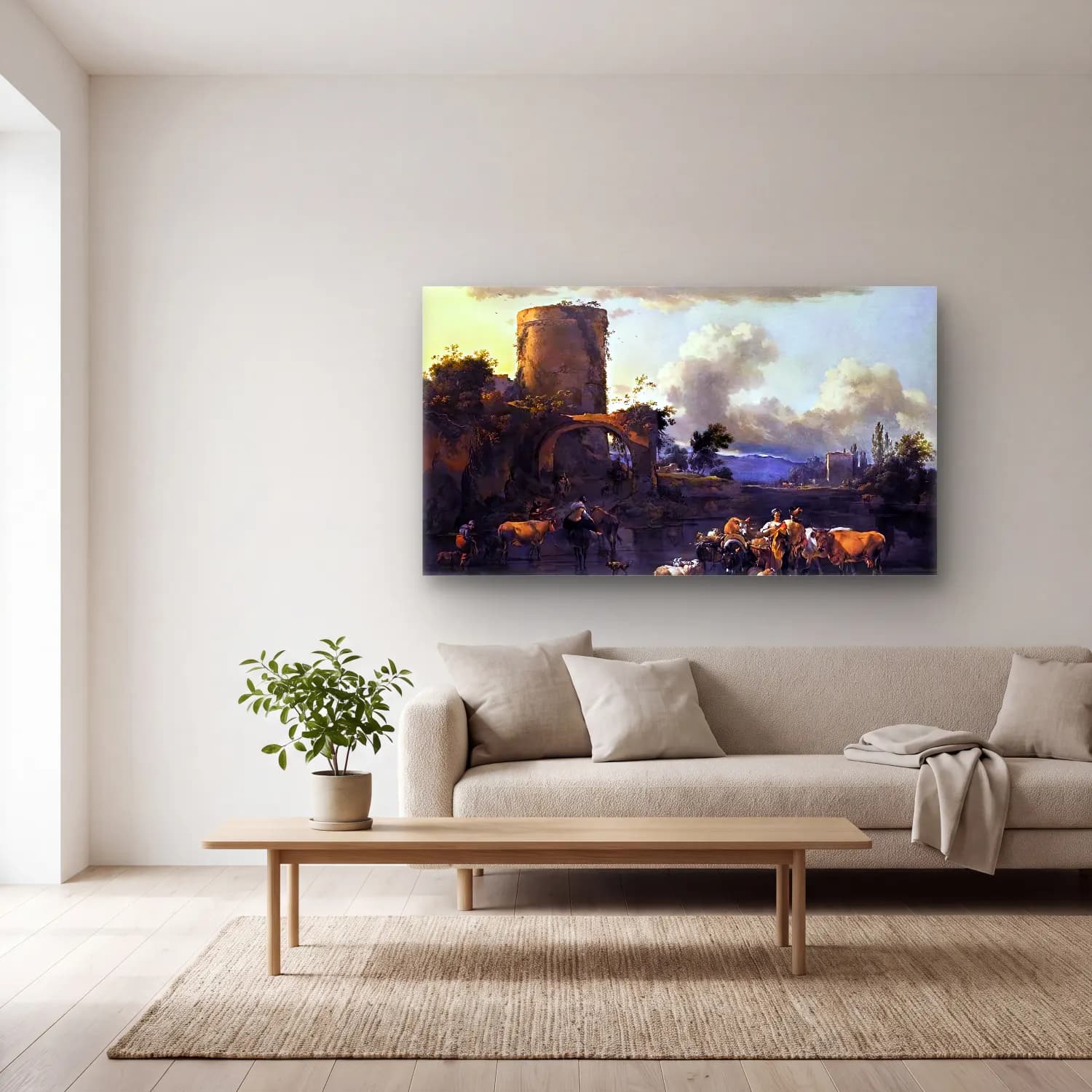 Nicolaes Berchem – Evening Landscape cam tablo — açık renk salonda