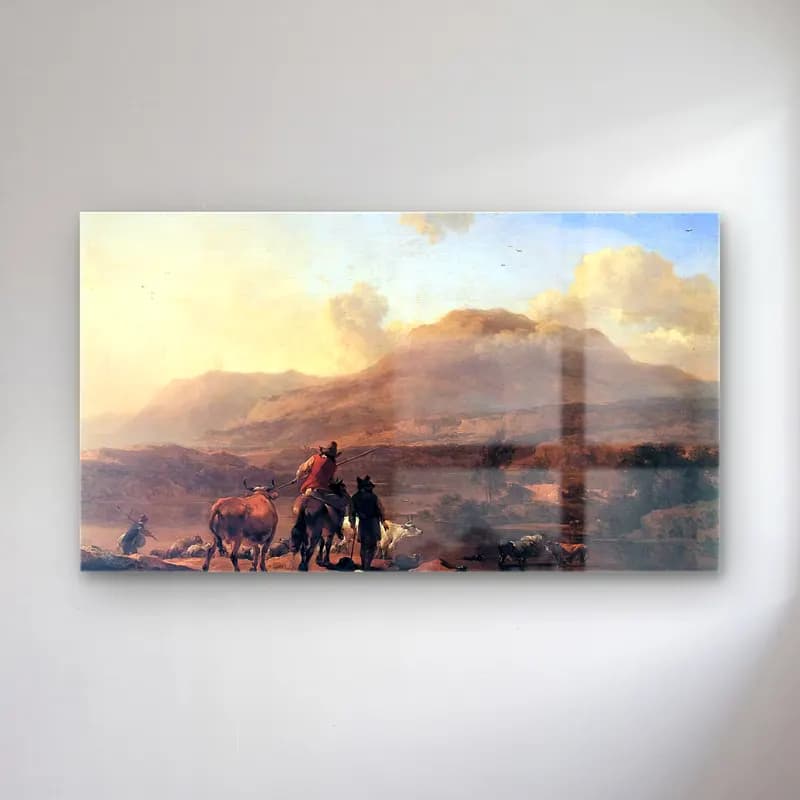 Nicolaes Berchem – Italian Landscape at Sunset cam tablo — Nicolaes Berchem – Italian Landscape at Sunset — yağlı boya dağ manzarası