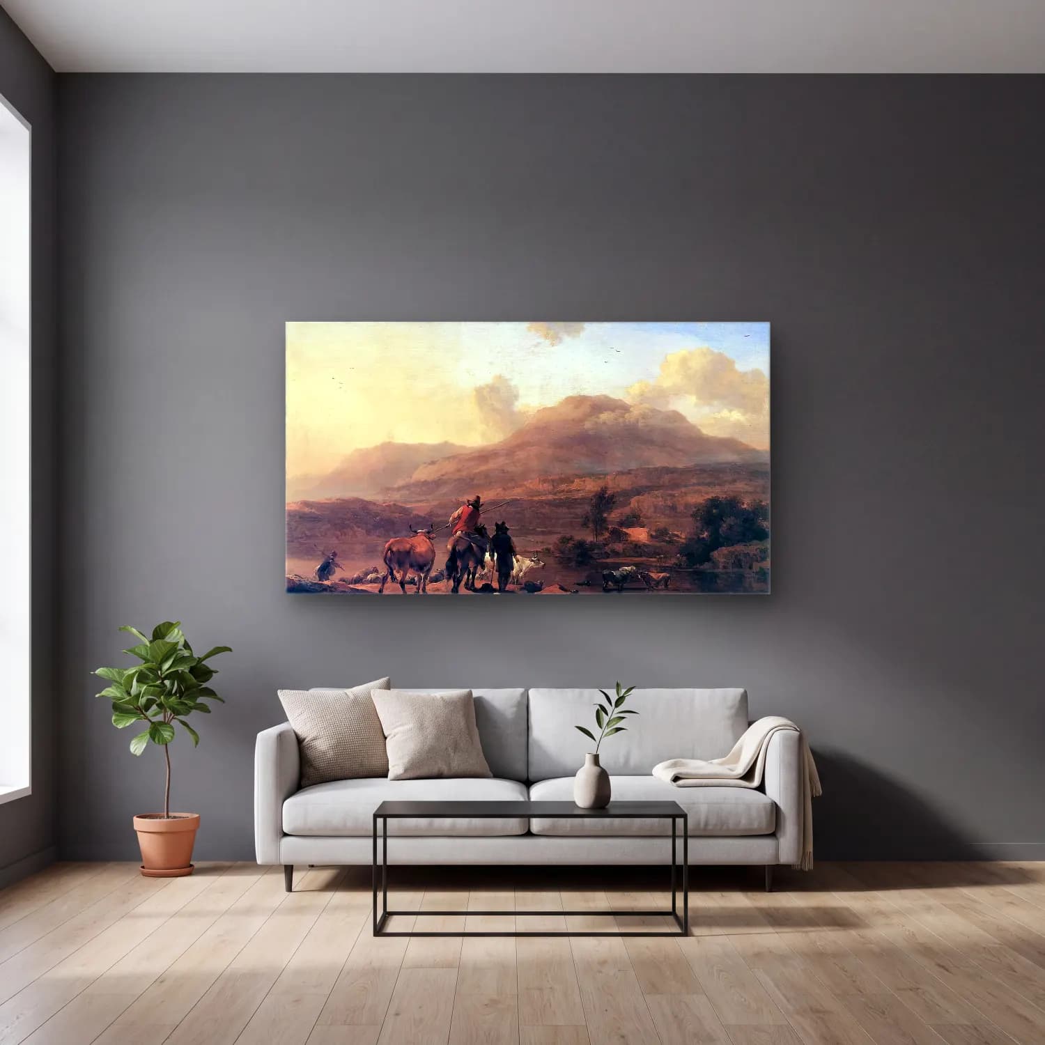 Nicolaes Berchem – Italian Landscape at Sunset cam tablo — gri duvarlı salonda