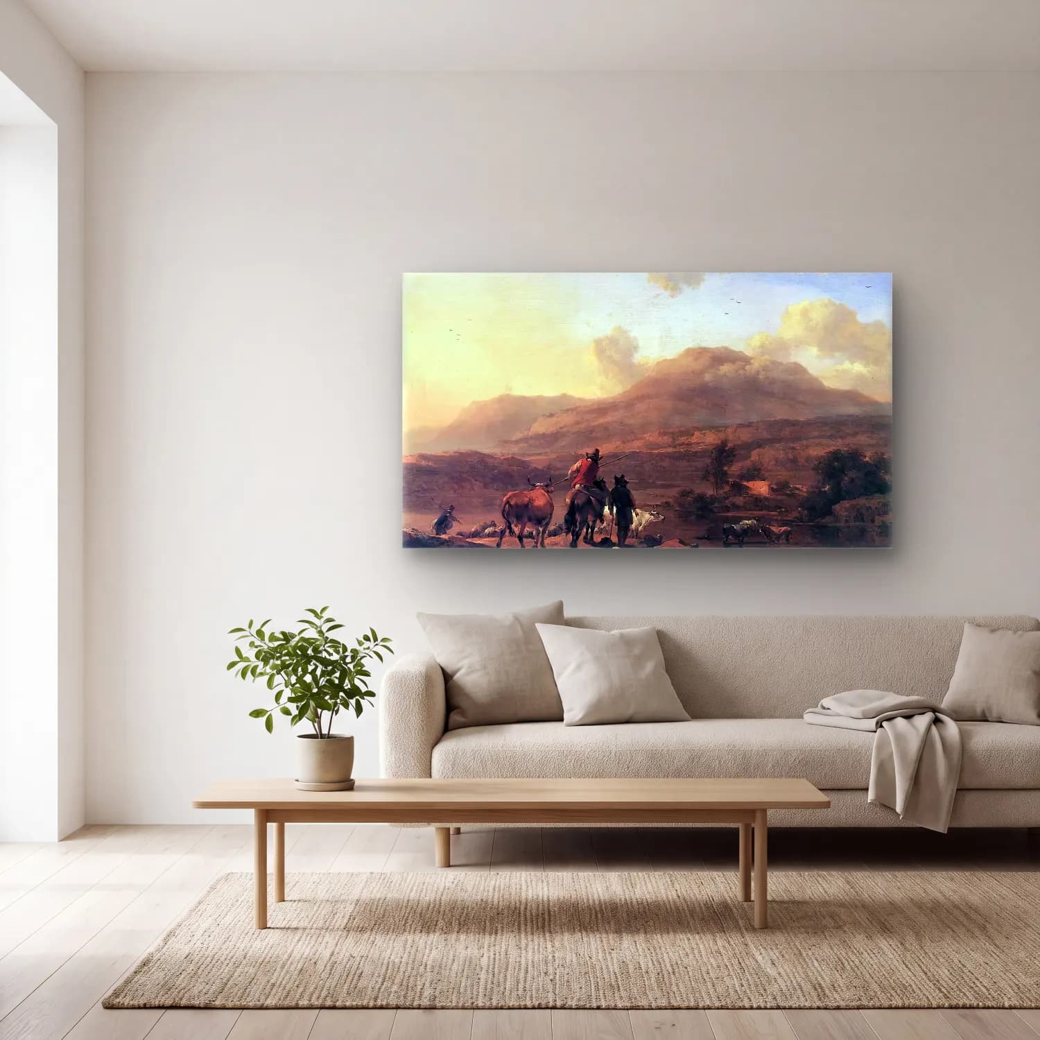 Nicolaes Berchem – Italian Landscape at Sunset cam tablo — açık renk salonda