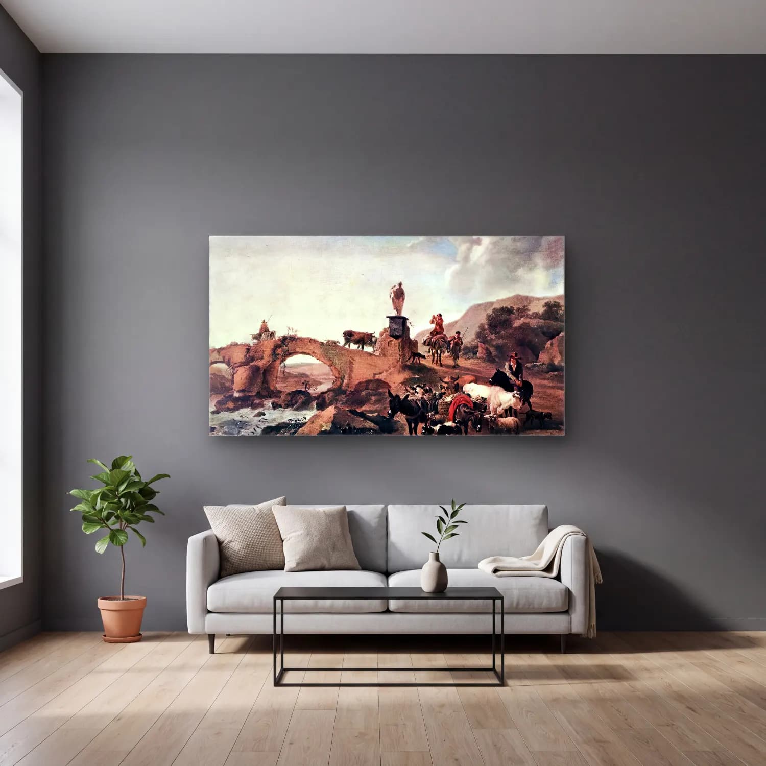Nicolaes Berchem – Italian Landscape with Bridge cam tablo — gri duvarlı salonda