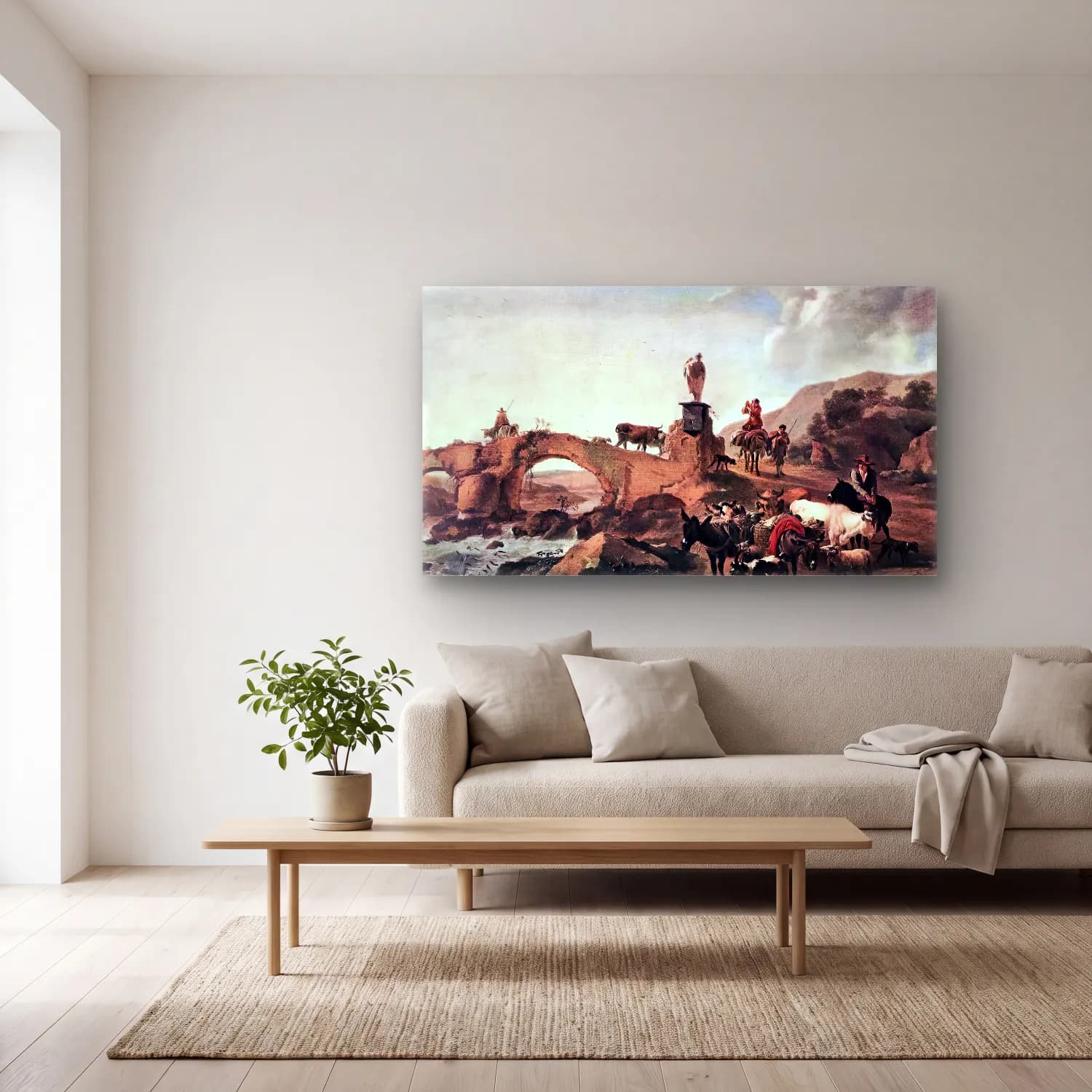 Nicolaes Berchem – Italian Landscape with Bridge cam tablo — açık renk salonda