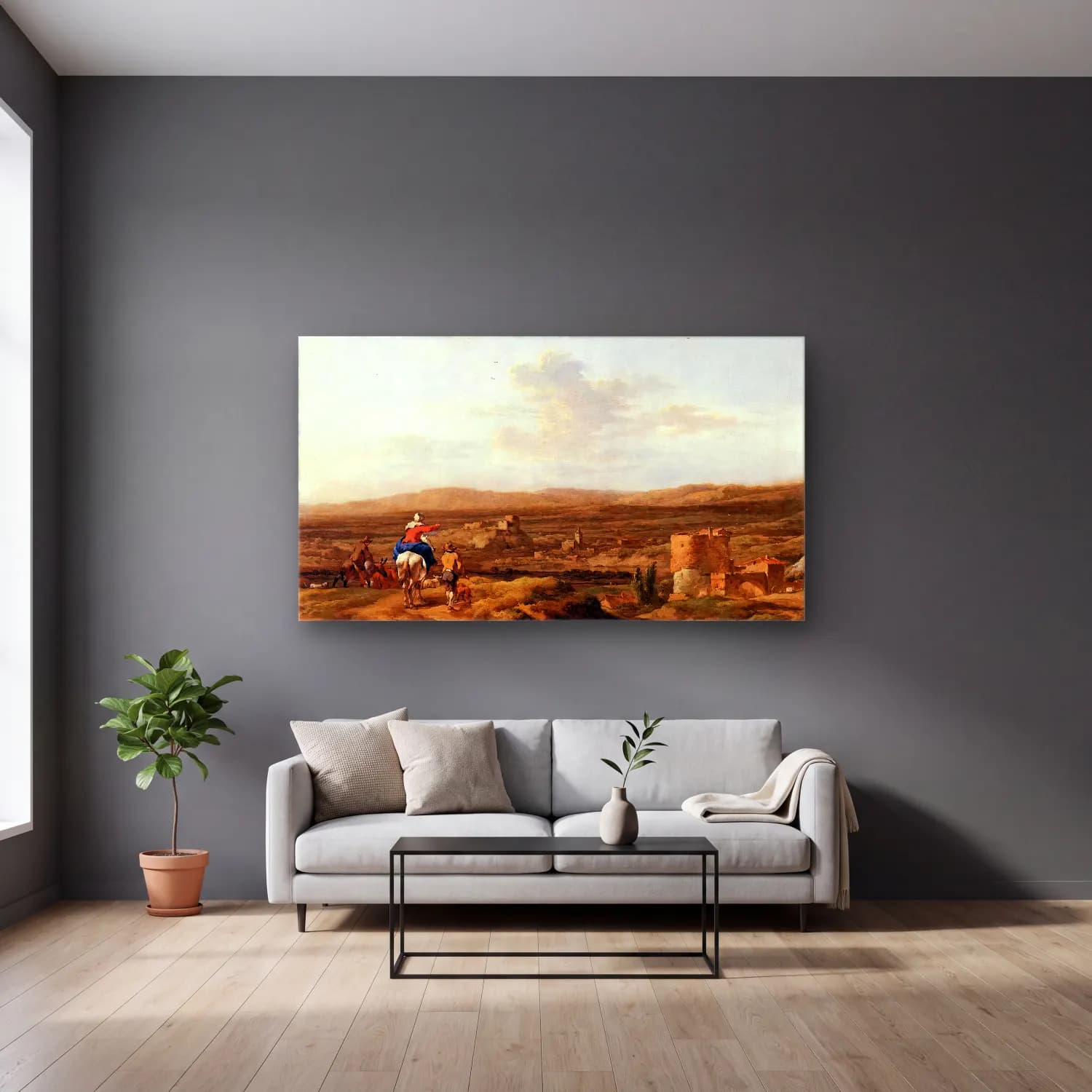 Nicolaes Berchem – Italian Landscape with Mountain Plateau cam tablo — gri duvarlı salonda