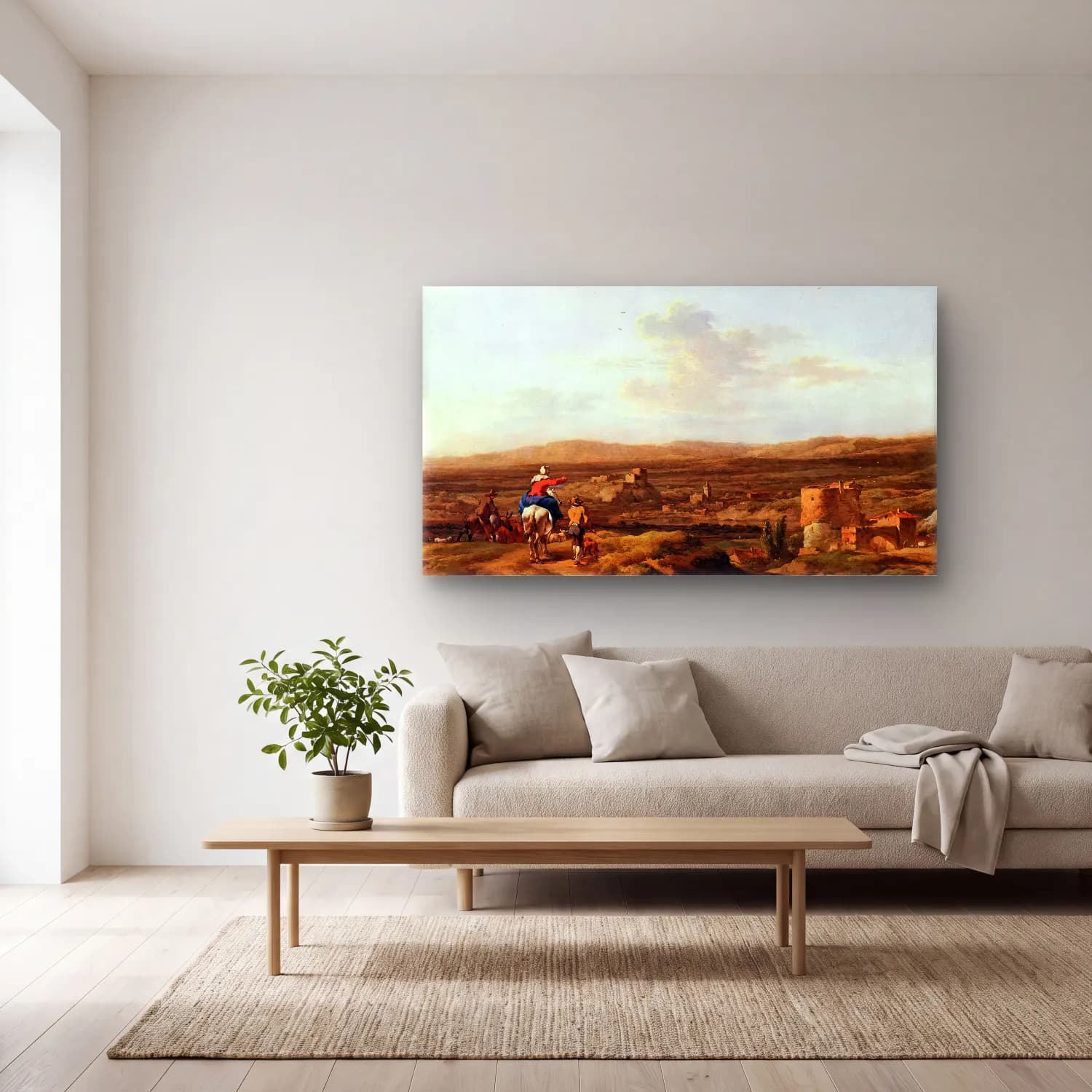 Nicolaes Berchem – Italian Landscape with Mountain Plateau cam tablo — açık renk salonda