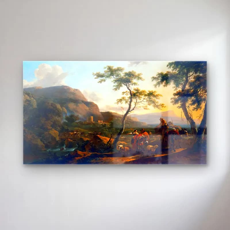 Nicolaes Berchem – Italianate Landscape with a Distant View of the Tomb of the… cam tablo — Nicolaes Berchem – Italianate Landscape with a Distant View of the Tomb of the… — yağlı boya dağ manzarası