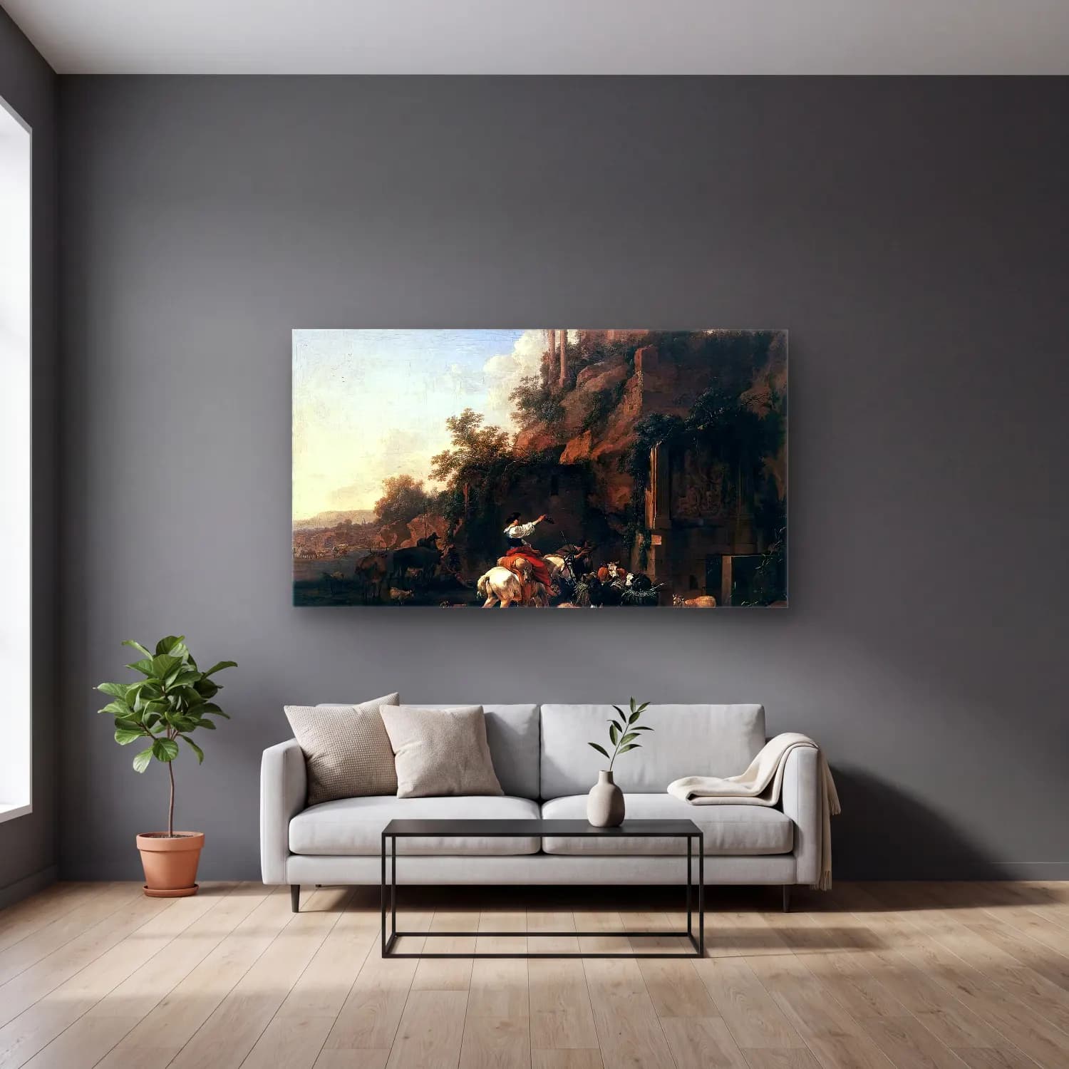 Nicolaes Berchem – Rocky Landscape with Antique Ruins cam tablo — gri duvarlı salonda