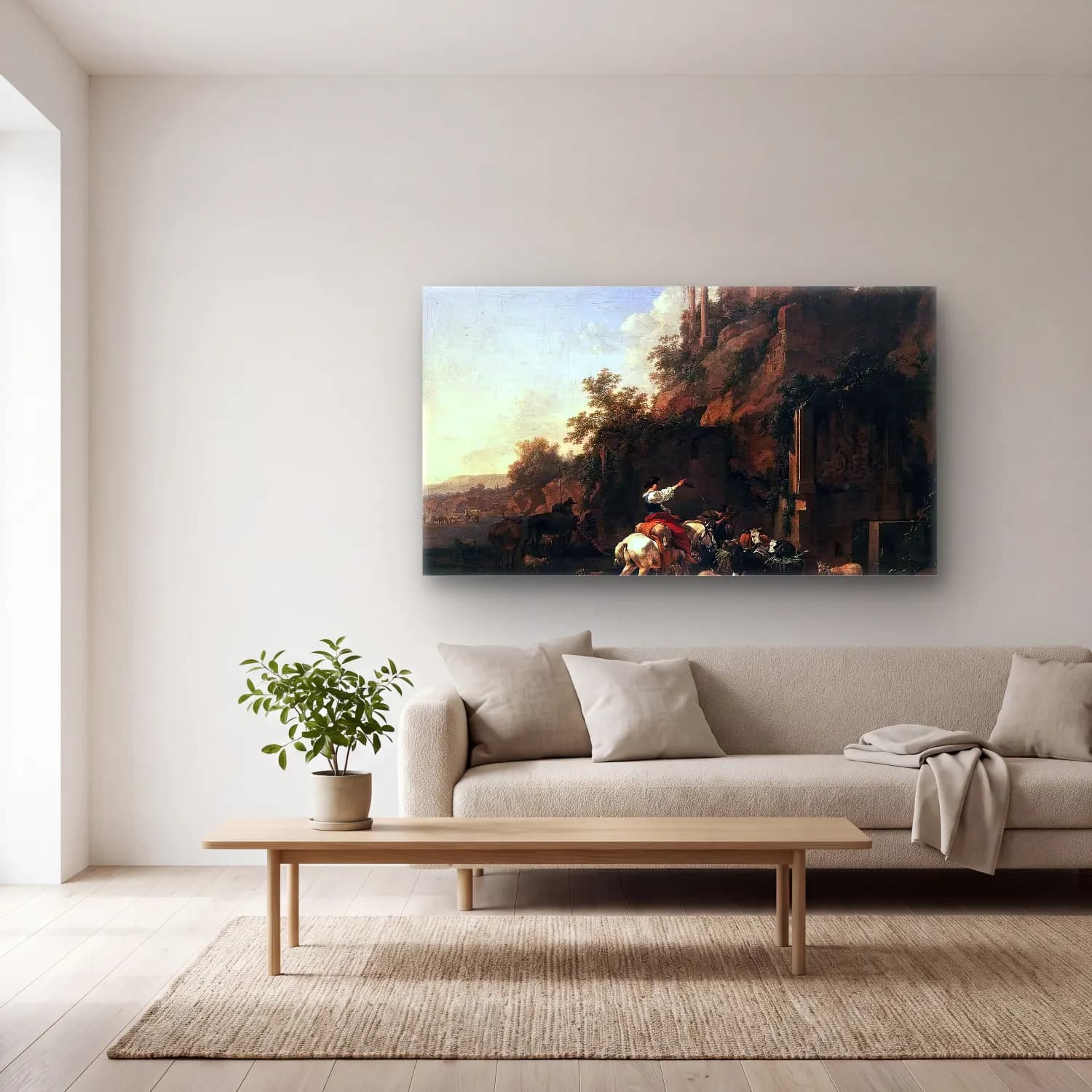 Nicolaes Berchem – Rocky Landscape with Antique Ruins cam tablo — açık renk salonda