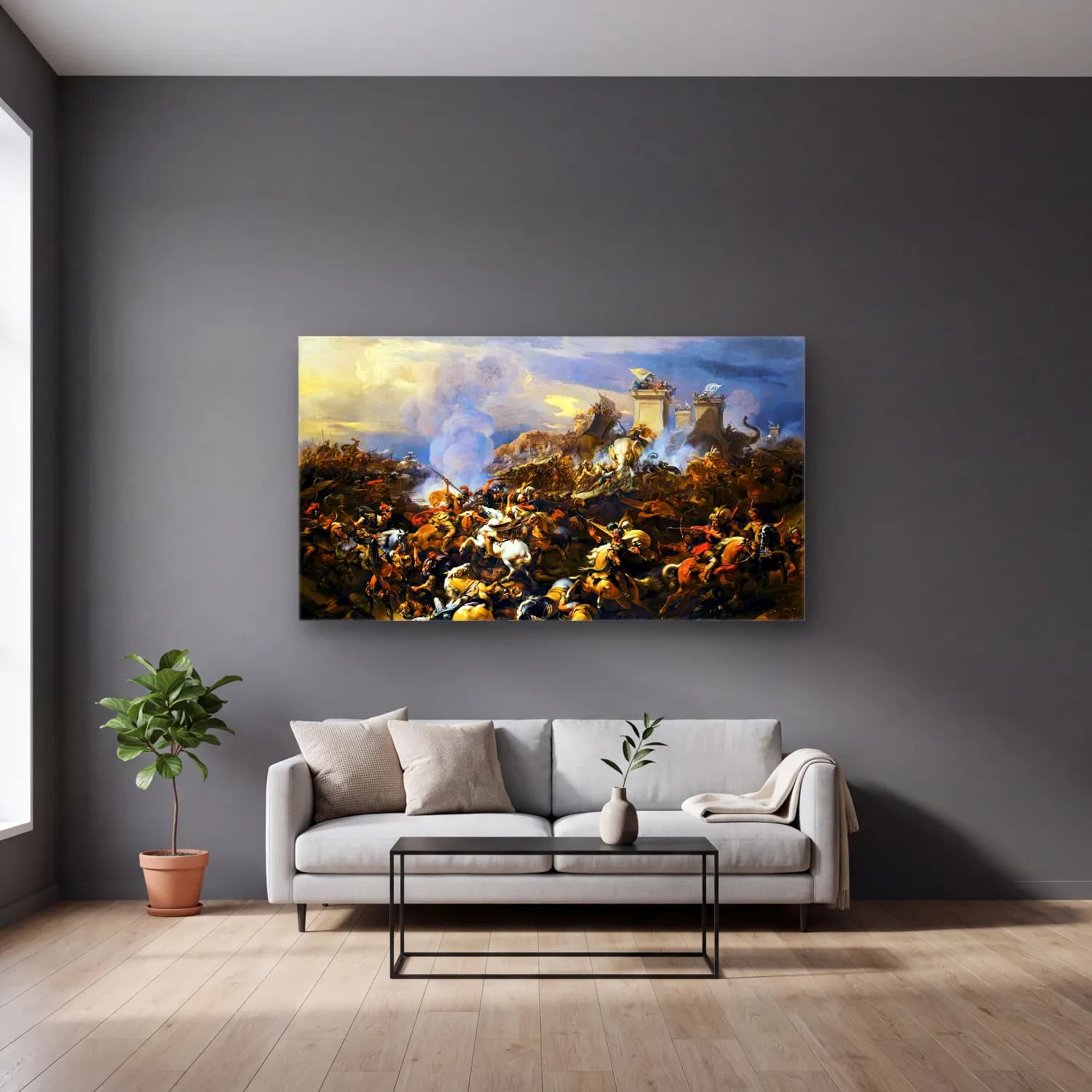 Nicolaes Berchem – The Battle between Alexander and Porus cam tablo — gri duvarlı salonda