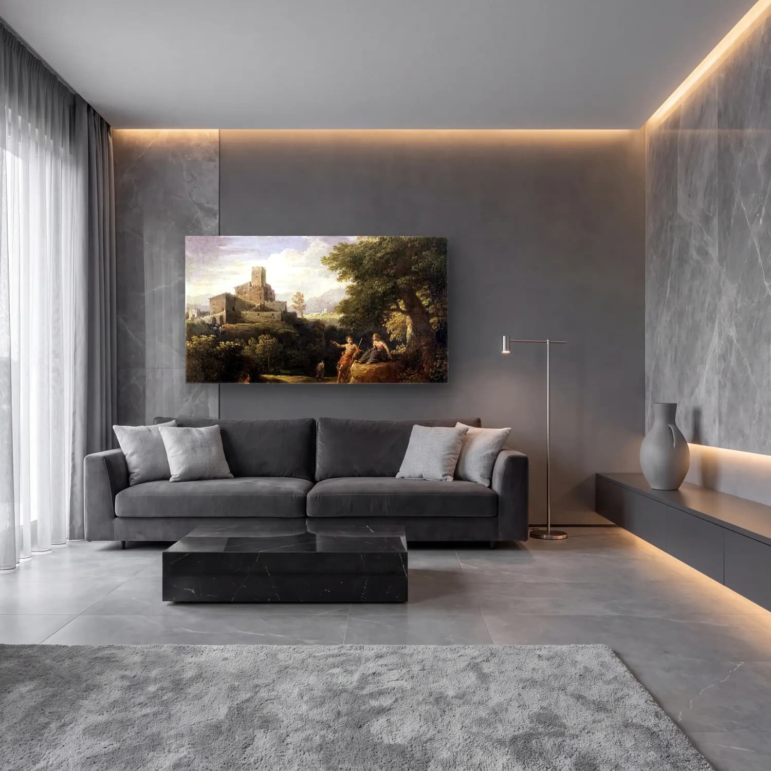 Jan Frans van Bloemen – Arcadian Landscape cam tablo — lüks salon duvarında