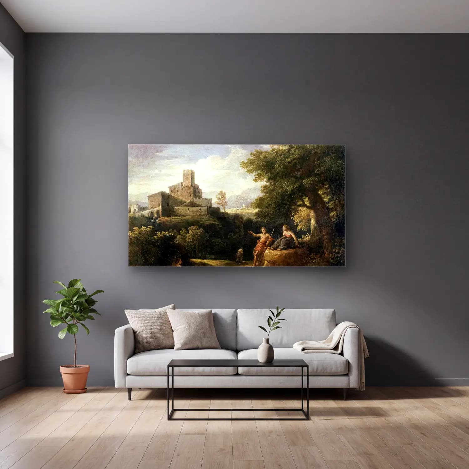 Jan Frans van Bloemen – Arcadian Landscape cam tablo — gri duvarlı salonda