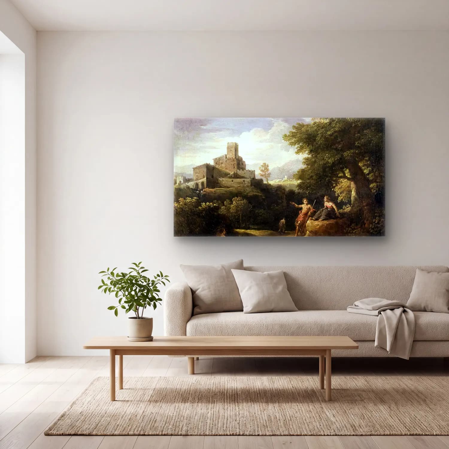 Jan Frans van Bloemen – Arcadian Landscape cam tablo — açık renk salonda