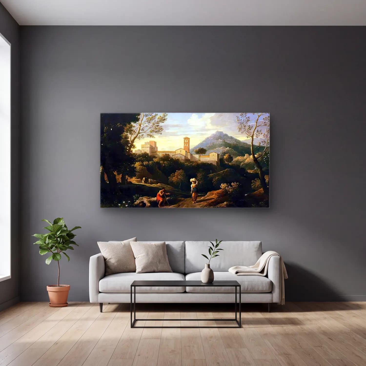 Jan Frans van Bloemen – Classical Landscape with Figures cam tablo — gri duvarlı salonda