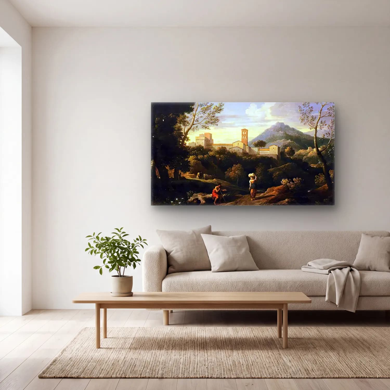 Jan Frans van Bloemen – Classical Landscape with Figures cam tablo — açık renk salonda
