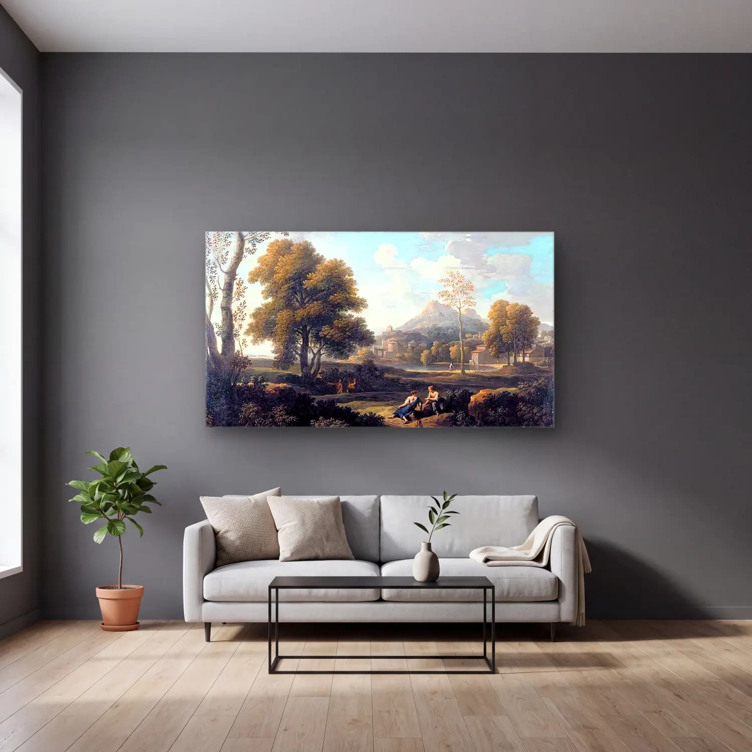 Jan Frans van Bloemen – Classical Landscape cam tablo — gri duvarlı salonda
