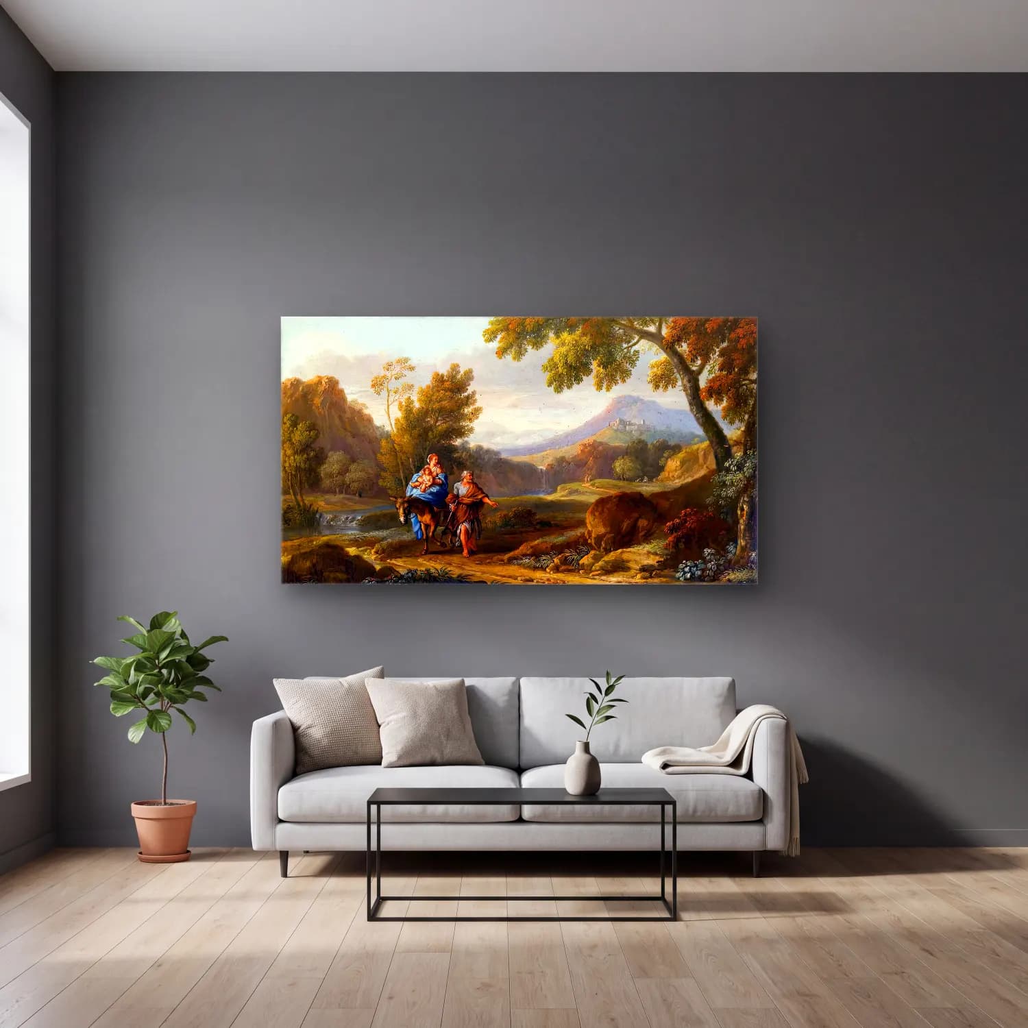 Jan Frans van Bloemen – Flight into Egypt cam tablo — gri duvarlı salonda
