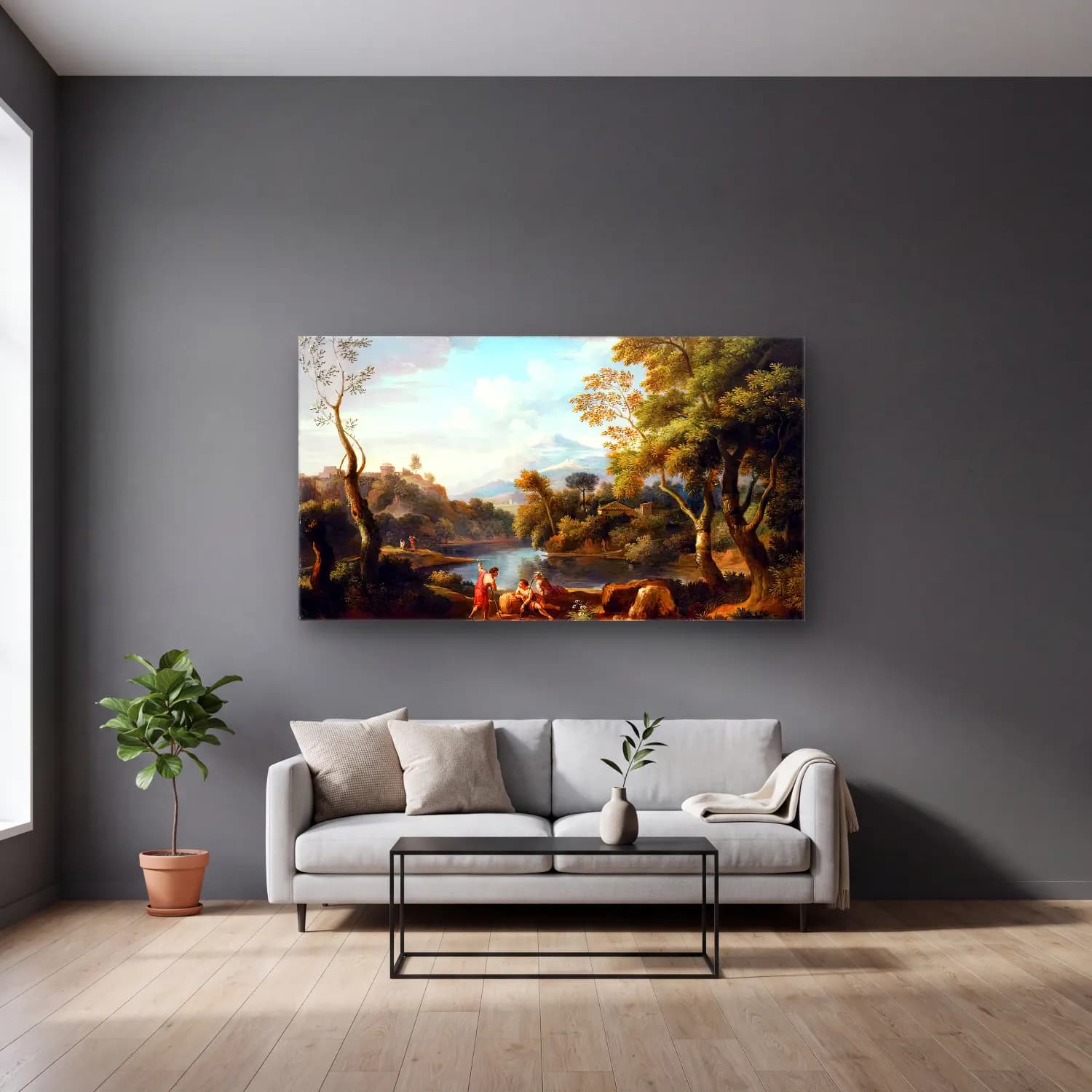 Jan Frans van Bloemen – Landscape with Figures cam tablo — gri duvarlı salonda