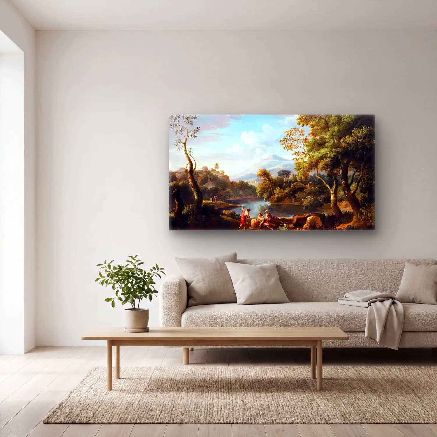 Jan Frans van Bloemen – Landscape with Figures cam tablo — açık renk salonda