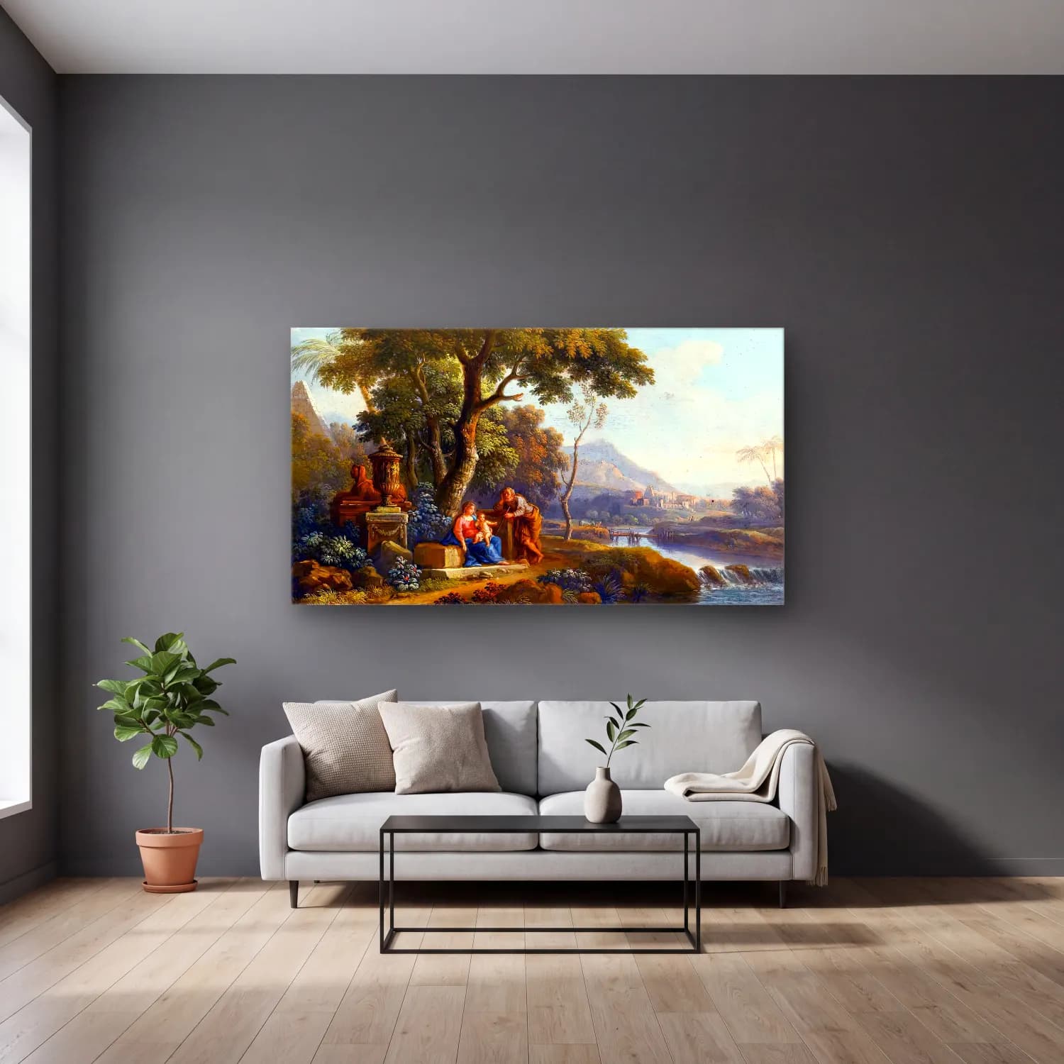 Jan Frans van Bloemen – Rest on the Flight to Egypt cam tablo — gri duvarlı salonda