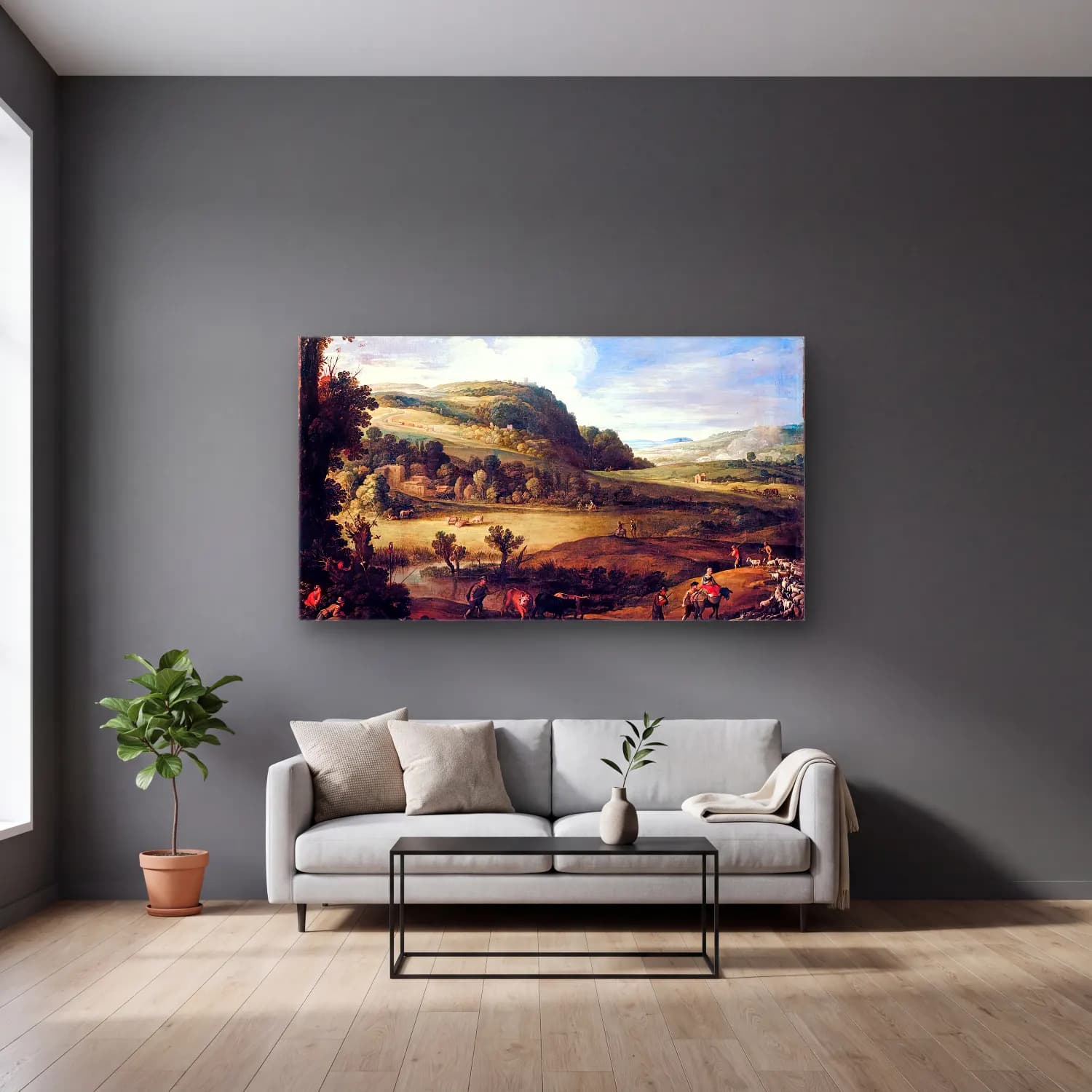 Paul Bril – An Extensive Landscape cam tablo — gri duvarlı salonda