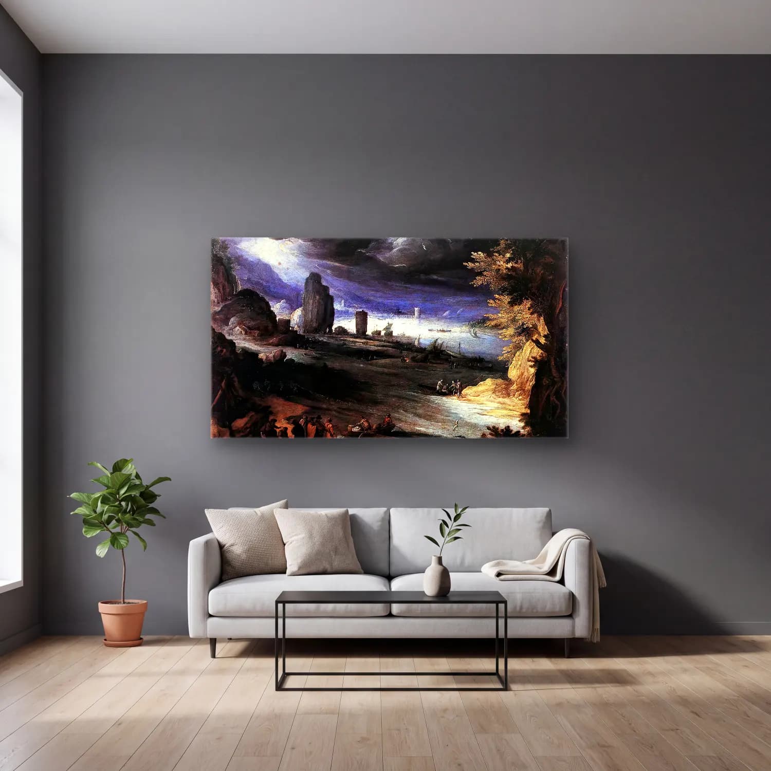 Paul Bril – Coastal Landscape cam tablo — gri duvarlı salonda