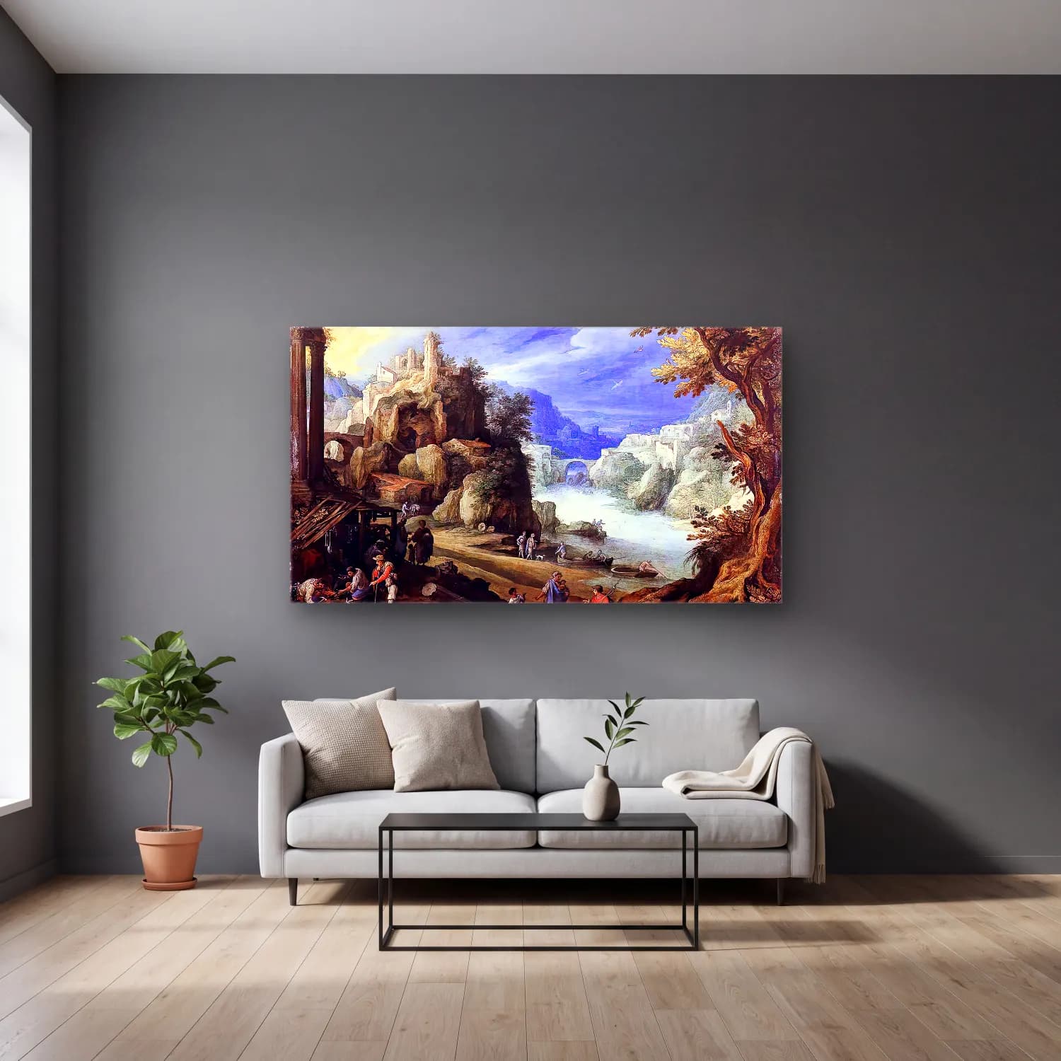 Paul Bril – Fantastic Landscape cam tablo — gri duvarlı salonda