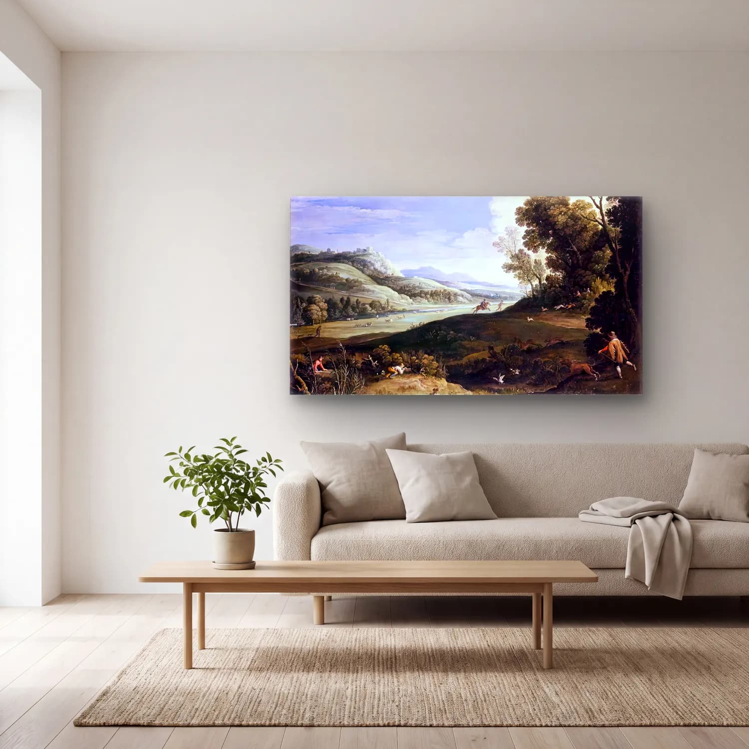 Paul Bril – Landscape with Huntsmen Pursuing a Hare cam tablo — açık renk salonda