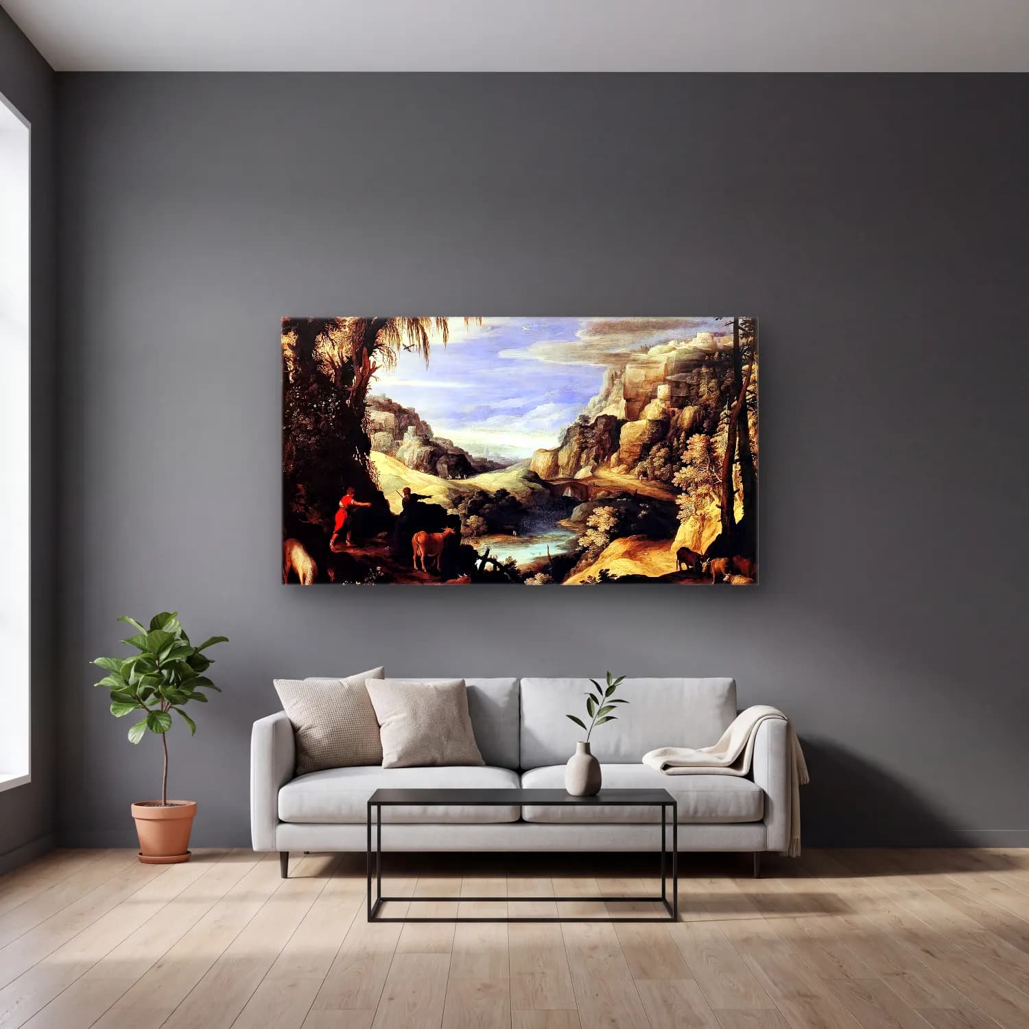 Paul Bril – Landscape with Mercury and Argus cam tablo — gri duvarlı salonda