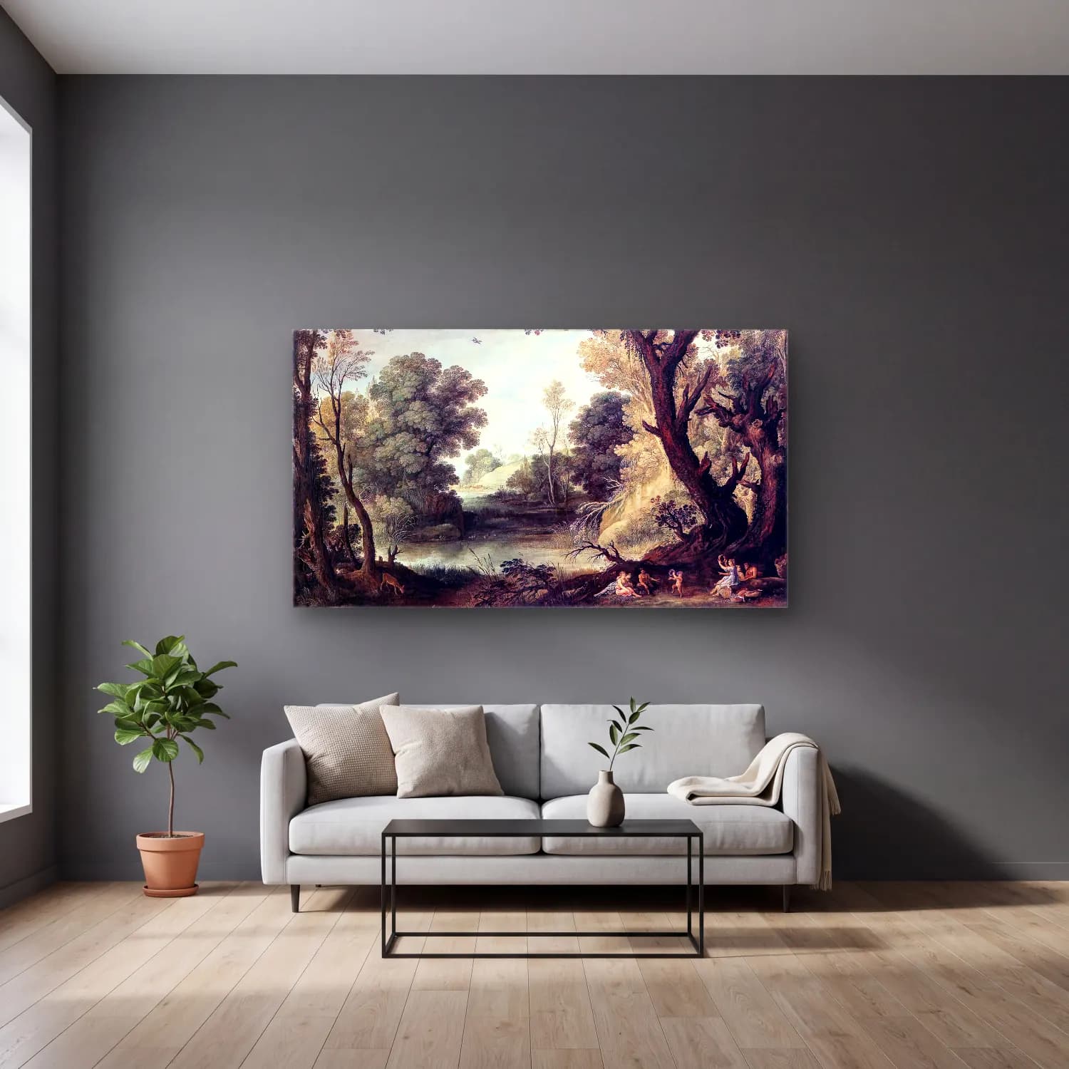 Paul Bril – Landscape with Nymphs and Satyrs cam tablo — gri duvarlı salonda