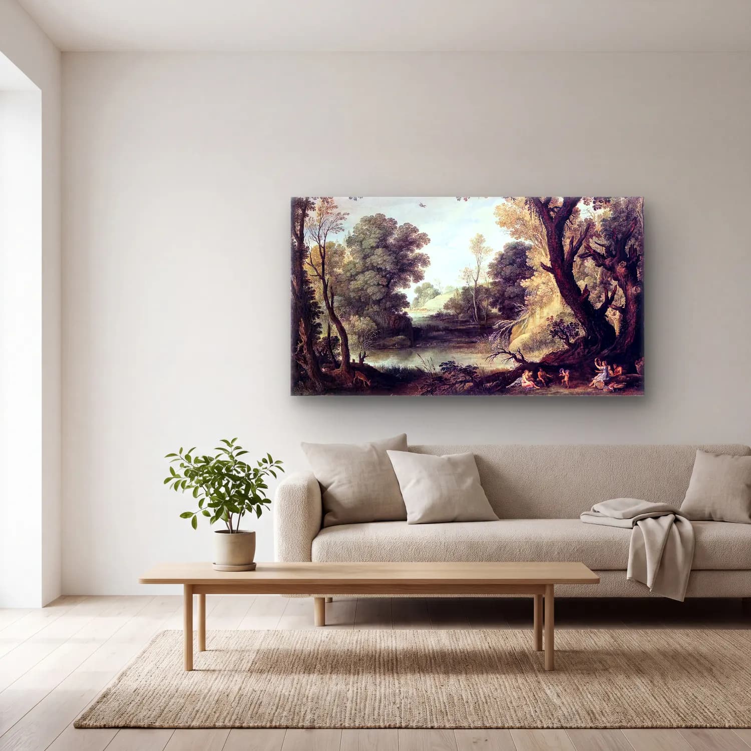 Paul Bril – Landscape with Nymphs and Satyrs cam tablo — açık renk salonda