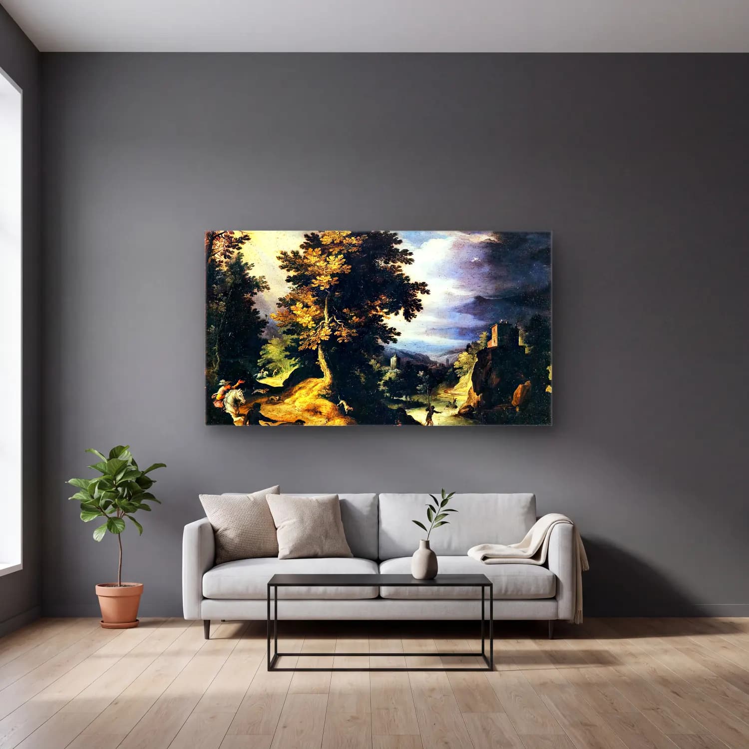 Paul Bril – Landscape with Stag Hunt cam tablo — gri duvarlı salonda