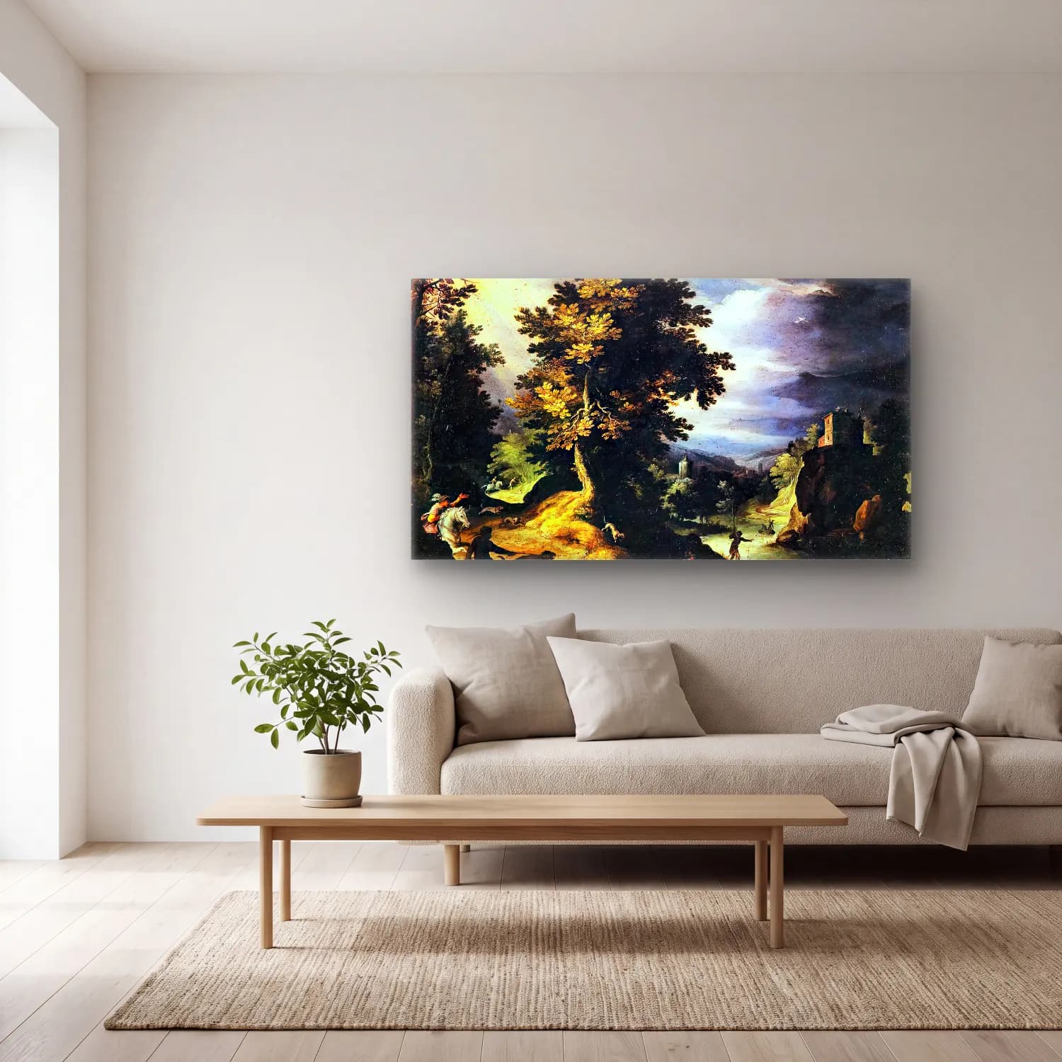 Paul Bril – Landscape with Stag Hunt cam tablo — açık renk salonda