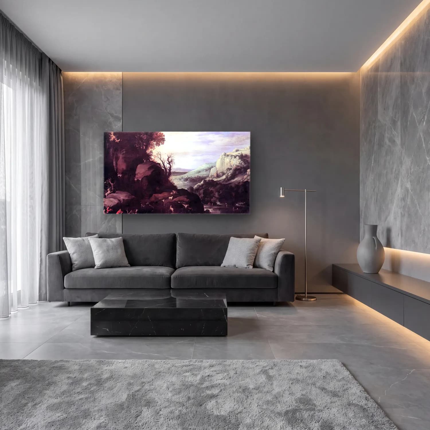 Paul Bril – Landscape – Siyah Beyaz Tonlar cam tablo — lüks salon duvarında