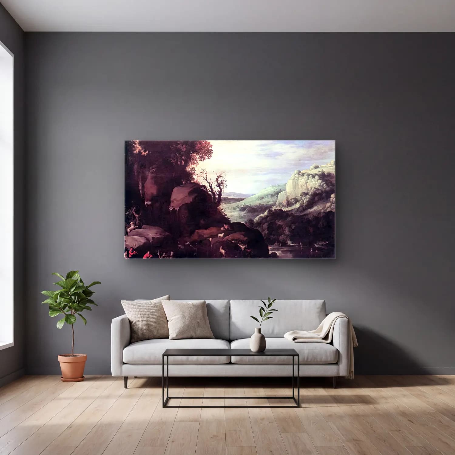 Paul Bril – Landscape – Siyah Beyaz Tonlar cam tablo — gri duvarlı salonda