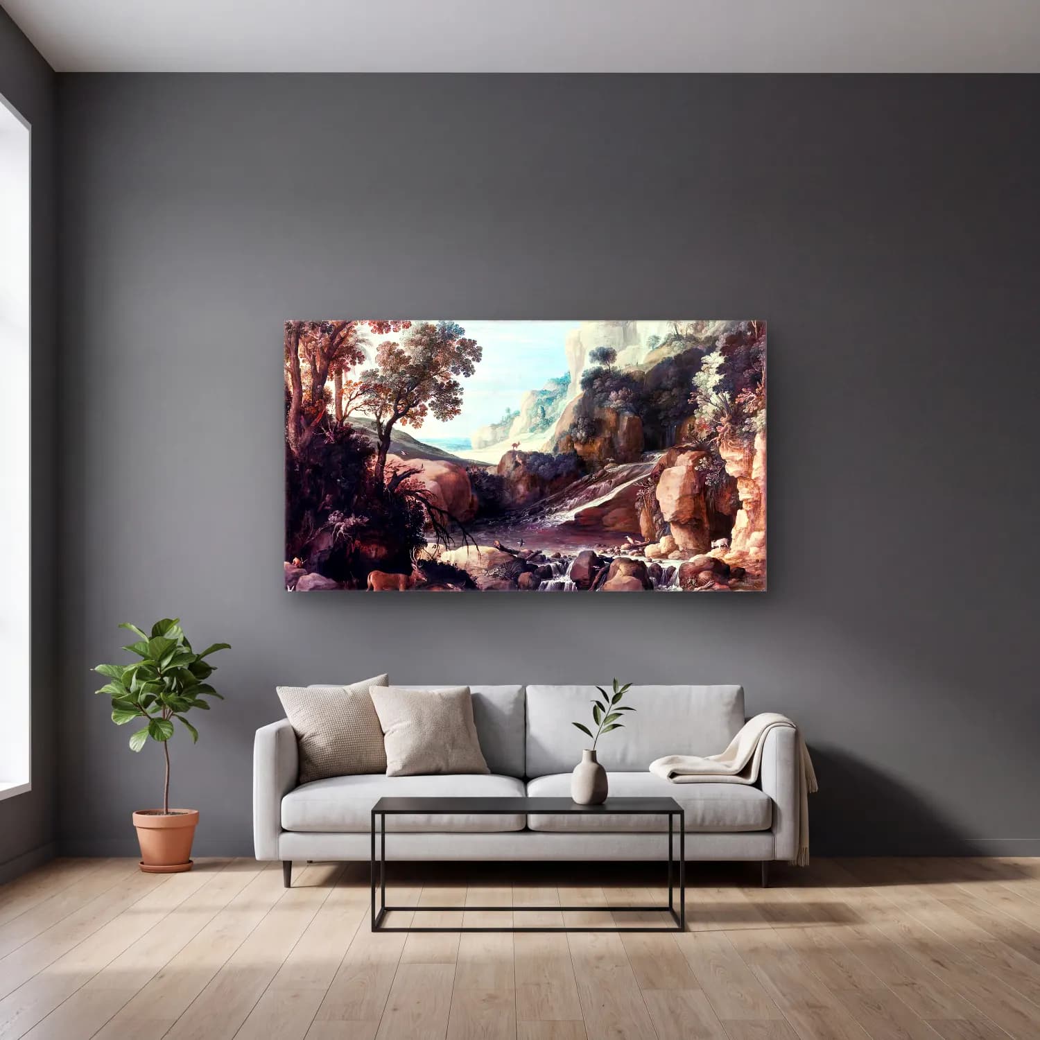 Paul Bril – Mountainous Landscape cam tablo — gri duvarlı salonda