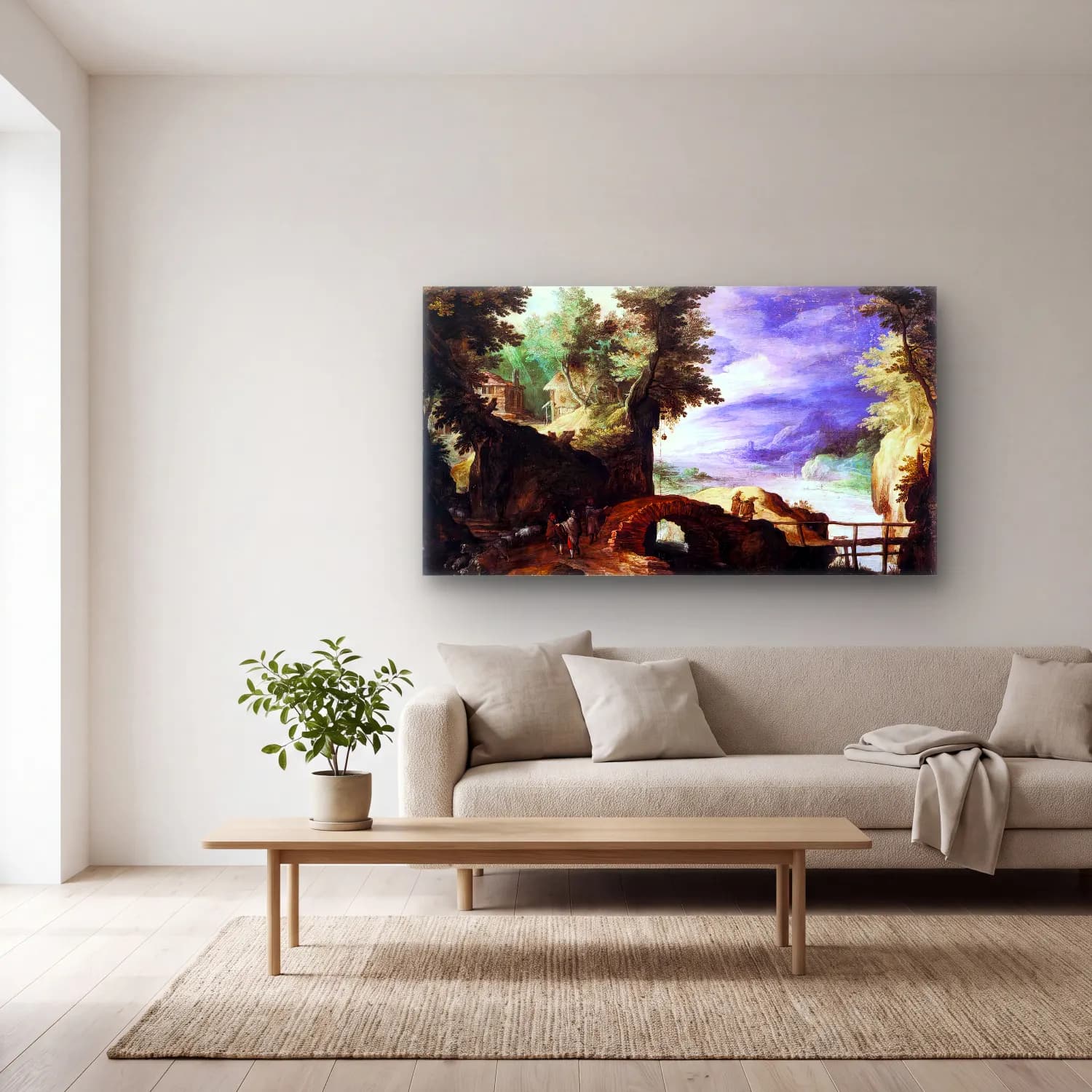 Paul Bril – Rocky Landscape with Shepherds cam tablo — açık renk salonda