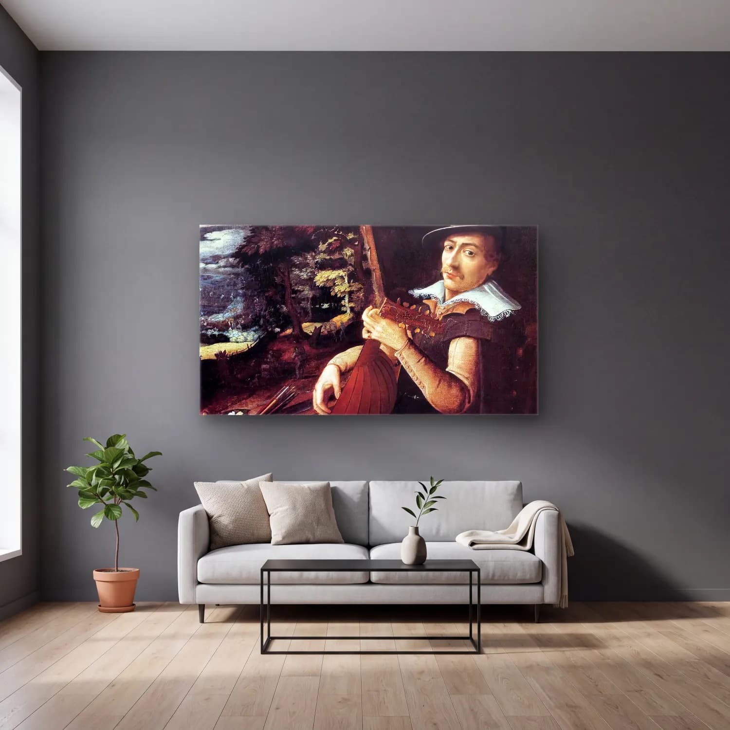 Paul Bril – Self-Portrait cam tablo — gri duvarlı salonda